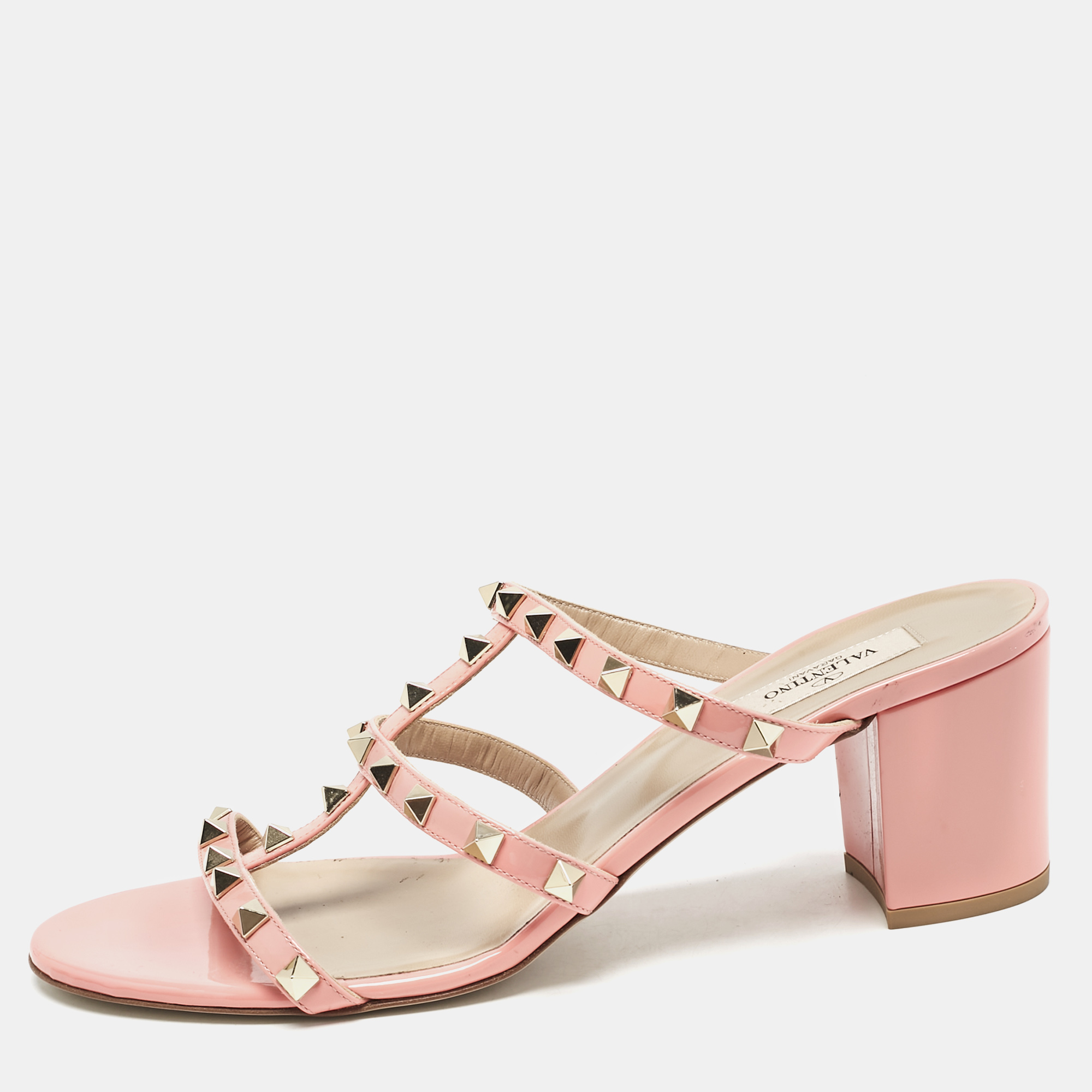 

Valentino Pink Patent Rockstud Block Heel Slide Sandals Size