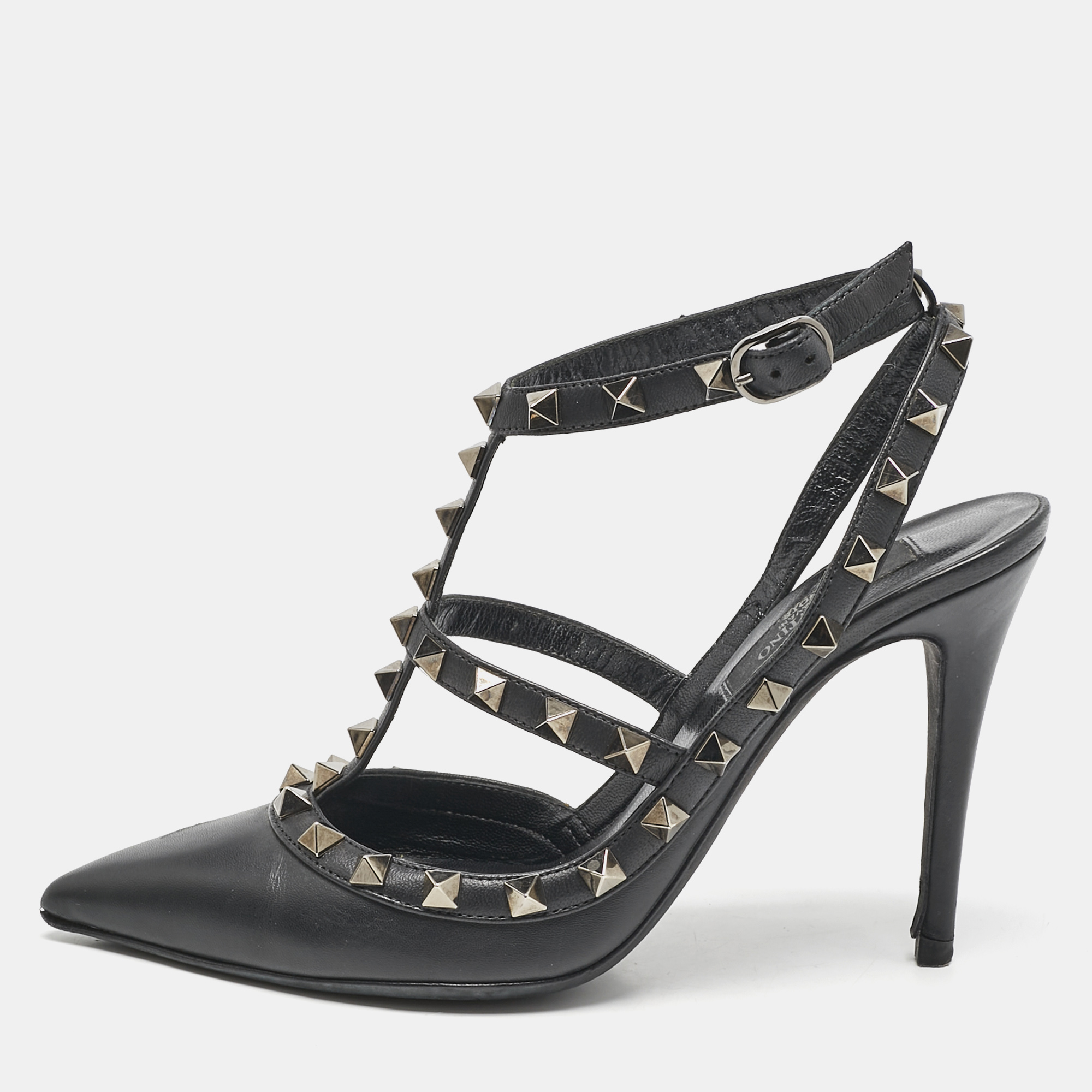 

Valentino Black Leather Rockstud Ankle Strap Pumps Size