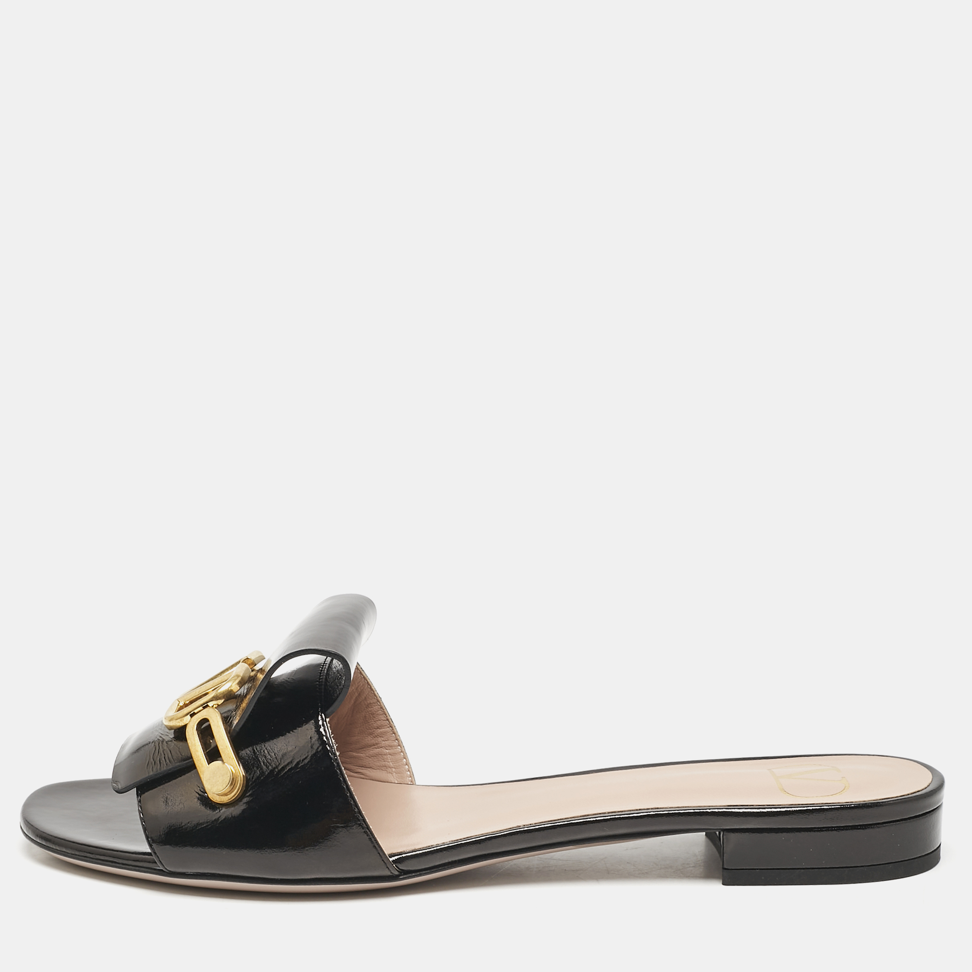 

Valentino Black Patent Leather VClub Flat Slides Size