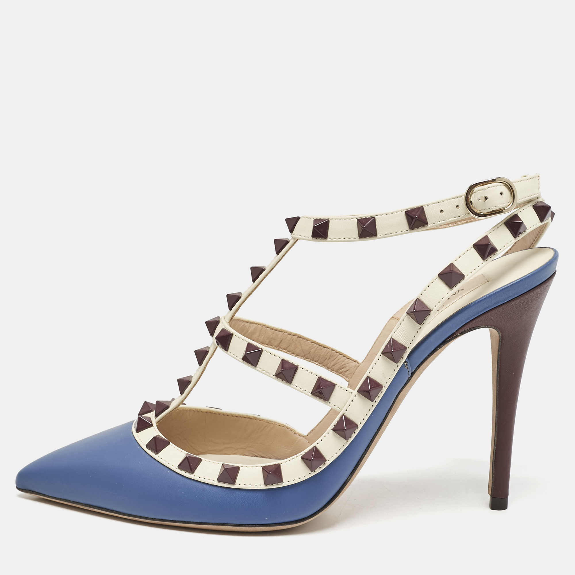 

Valentino Blue/White Leather Rockstud Caged Ankle Strap Pumps Size