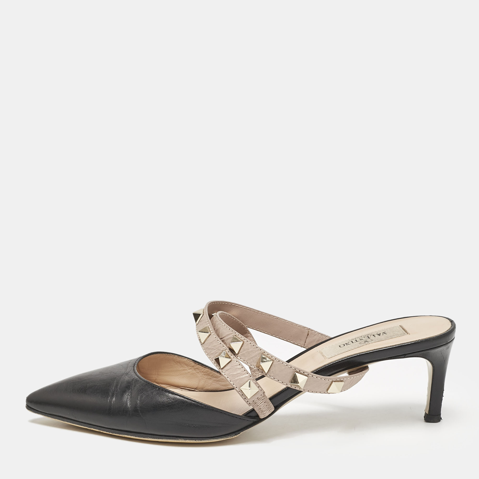 

Valentino Black/Beige Leather Rockstud Heel Mules Size