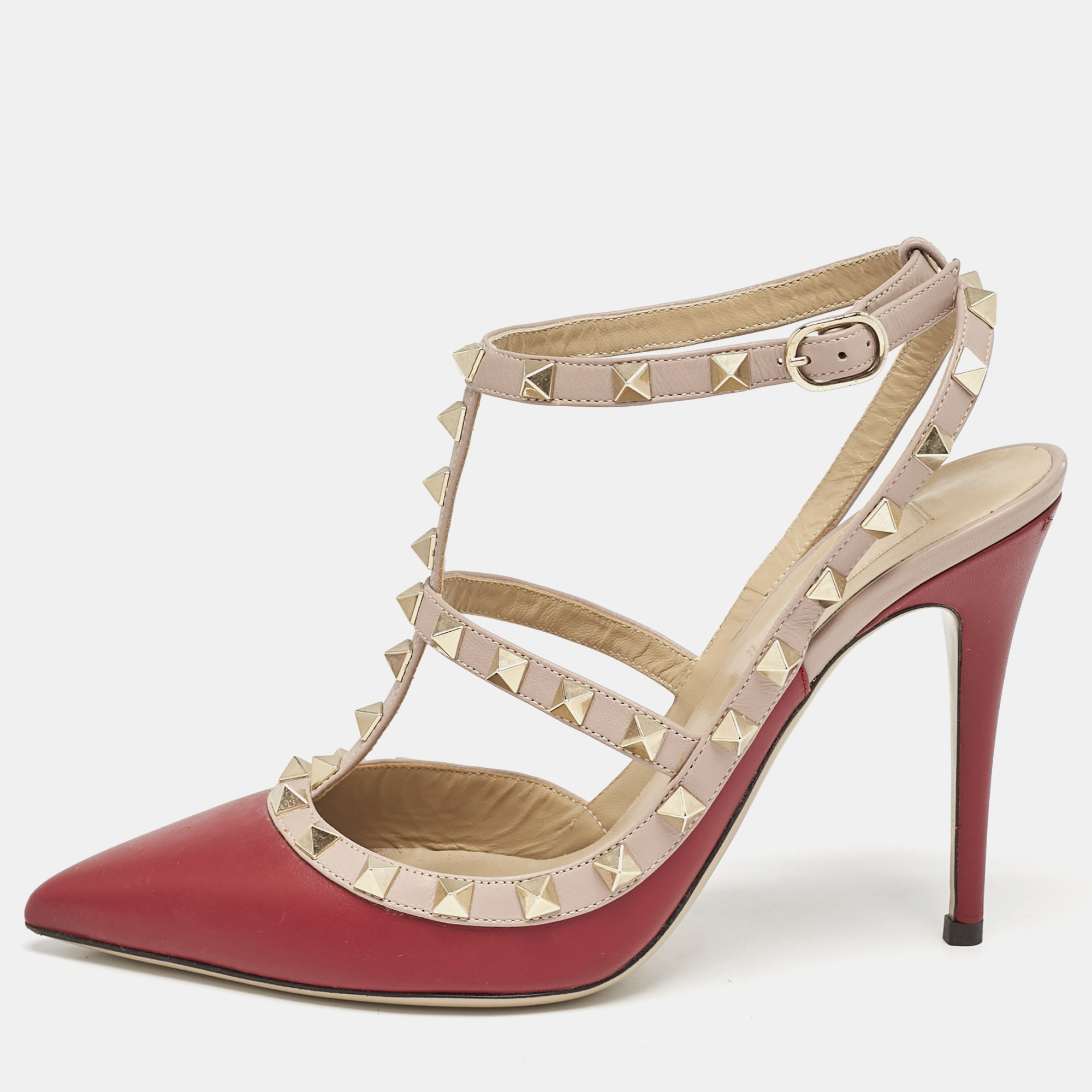 

Valentino Burgundy/Dusty Pink Leather Rockstud Caged Ankle Strap Pumps Size