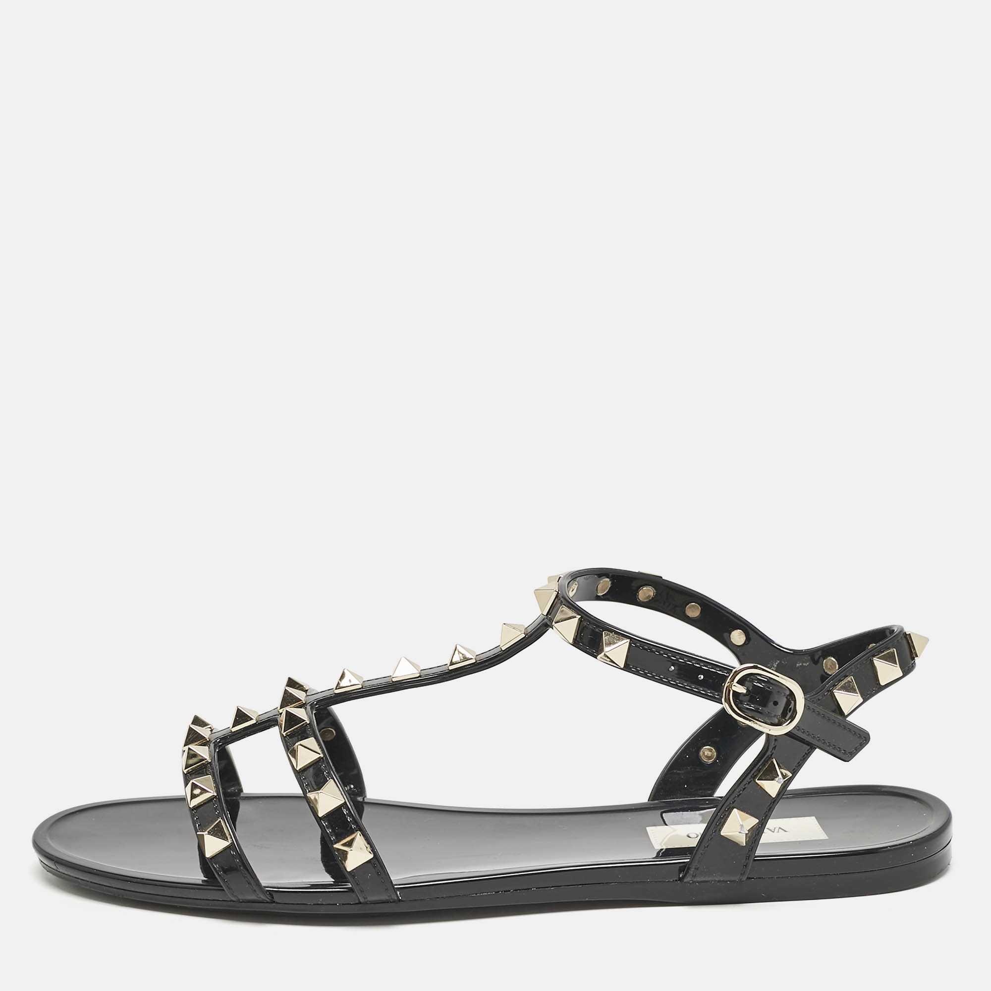 

Valentino Black Rubber Rockstud Ankle Strap Flat Sandals Size