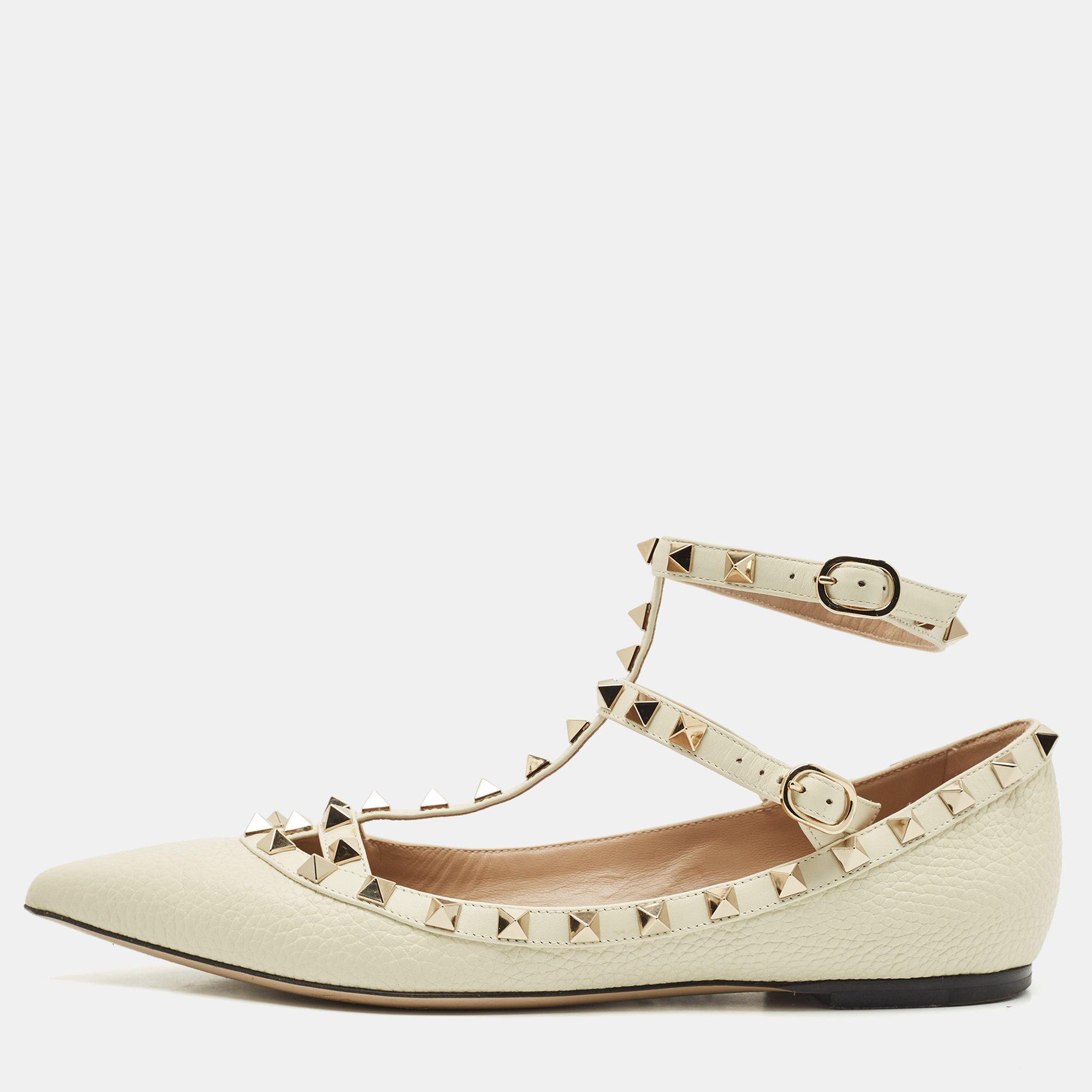 

Valentino White Leather Rockstud Caged Ankle Strap Ballet Flats Size