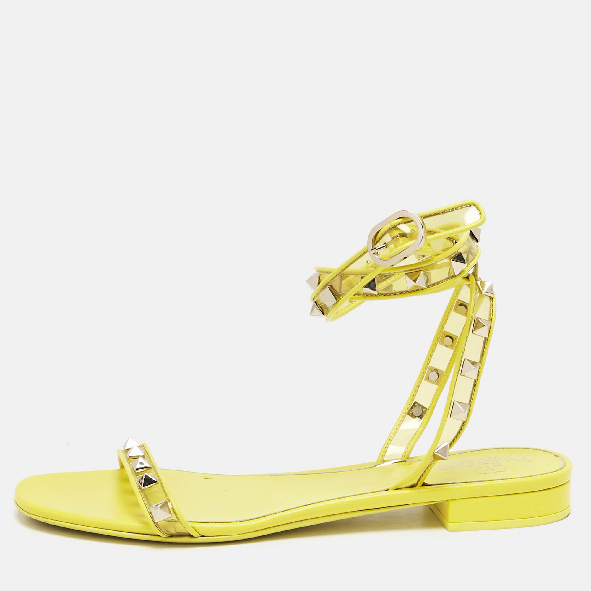 

Valentino Yellow PVC and Leather Rockstud Ankle Strap Flat Sandals Size