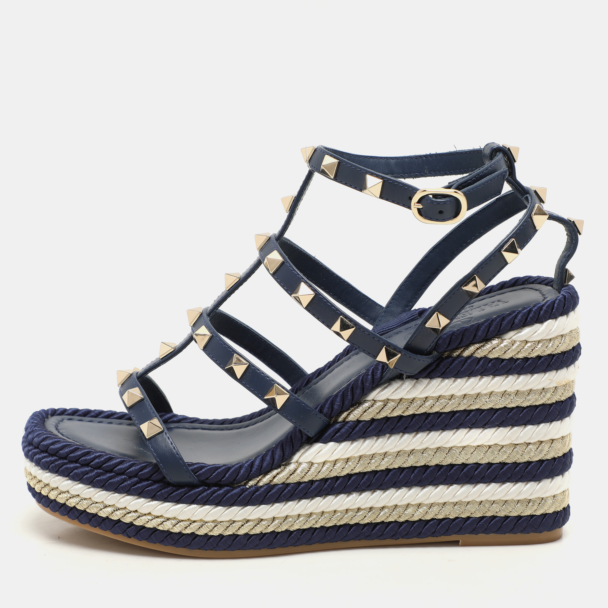 

Valentino Blue Leather Rockstud Strappy Wedge Sandals Size 37