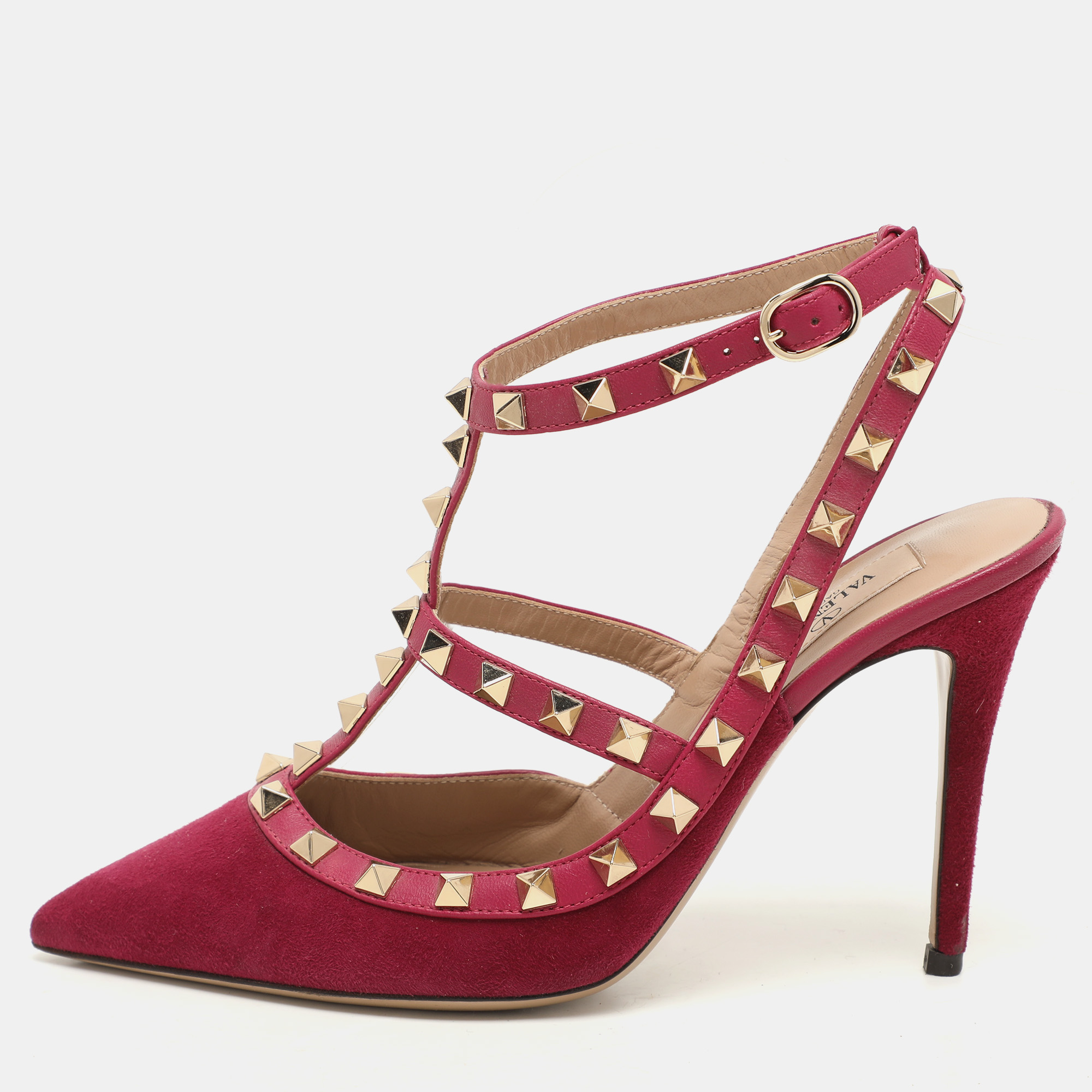 

Valentino Pink Suede Rockstud Ankle Strap Pumps Size