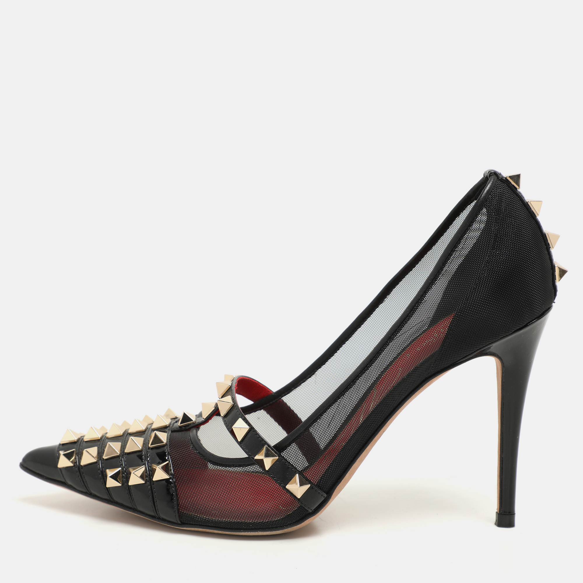 

Valentino Black Patent Leather and Mesh Rockstud Alcove Pumps Size
