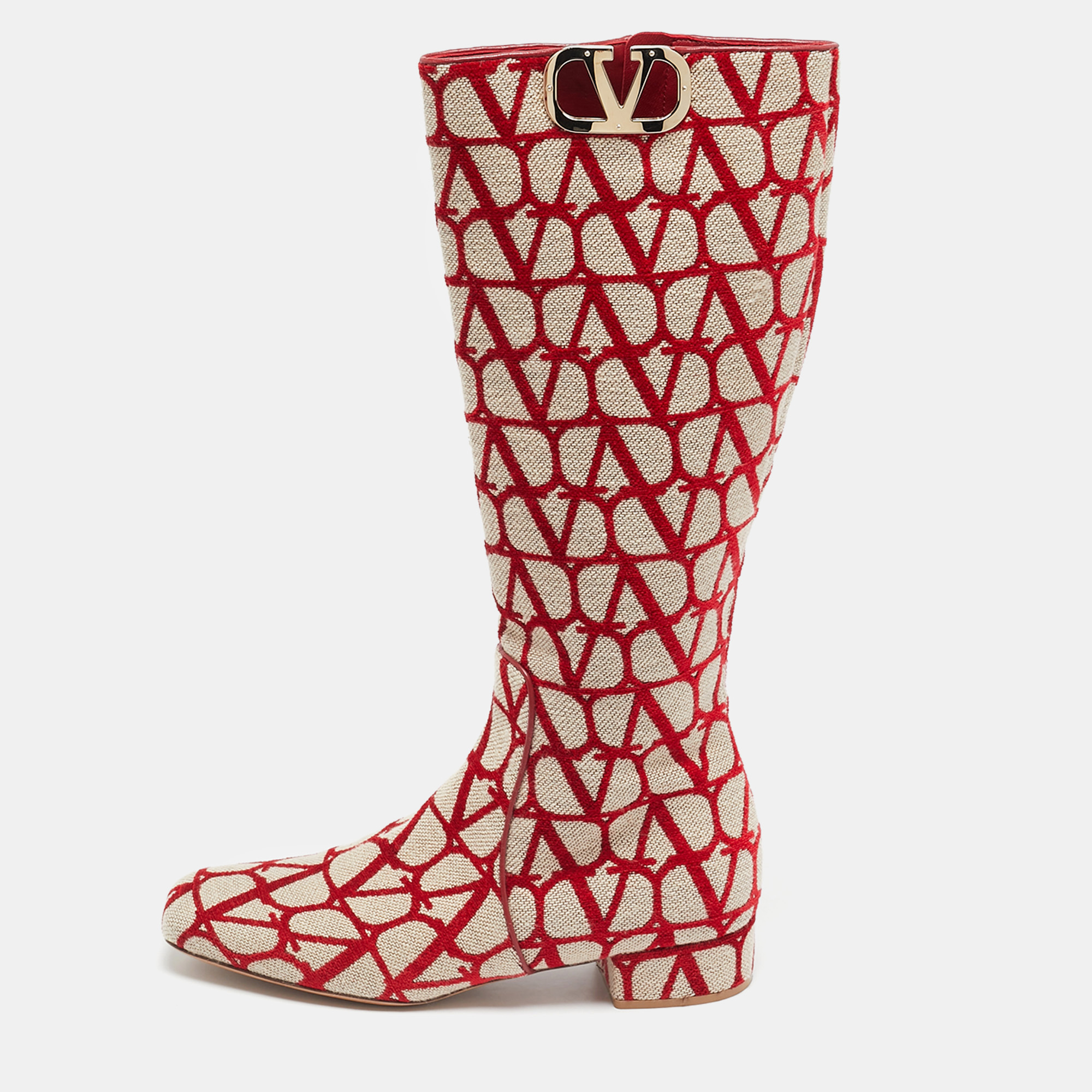 

Valentino Beige/Red Iconographe Canvas VLogo Knee Length Boots Size