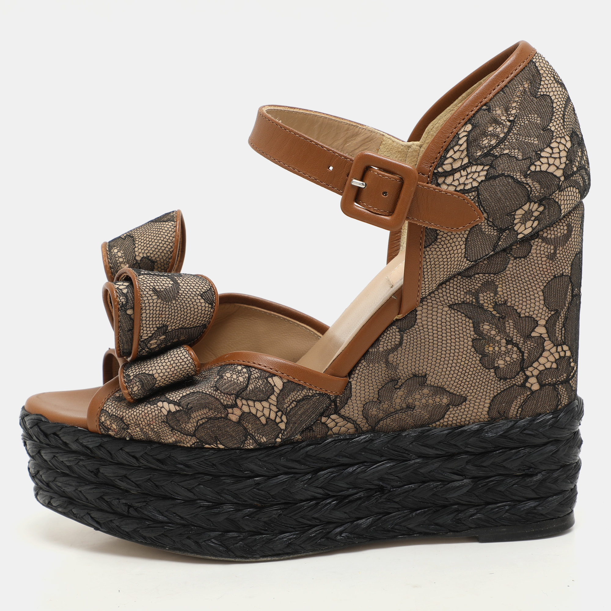 

Valentino Beige/Black Lace and Leather Bow Wedge Platform Sandals Size