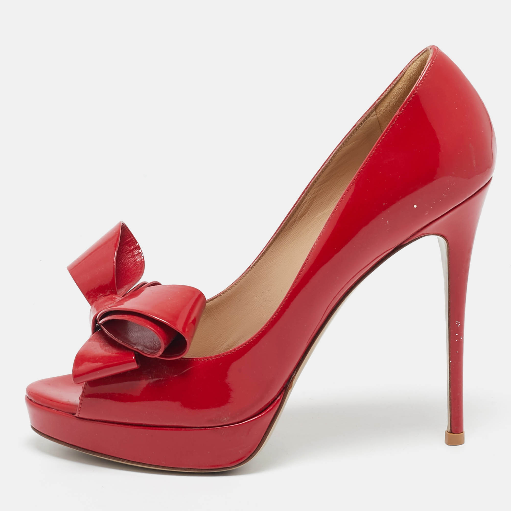

Valentino Red Patent Leather Bow Peep Toe Pumps Size