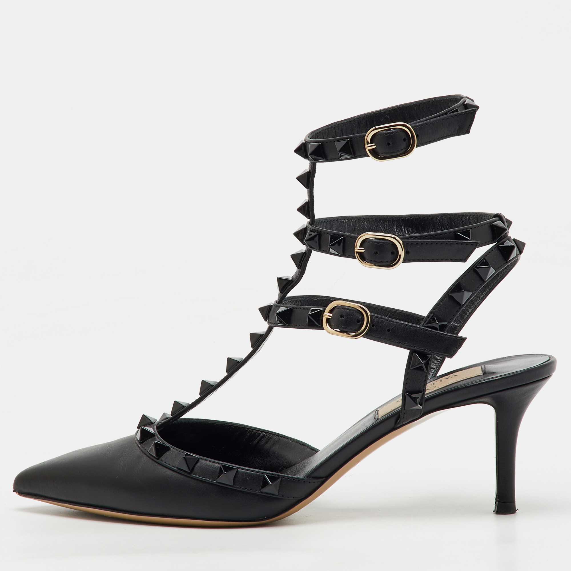 

Valentino Black Leather Rockstud Caged Ankle Strap Pumps Size