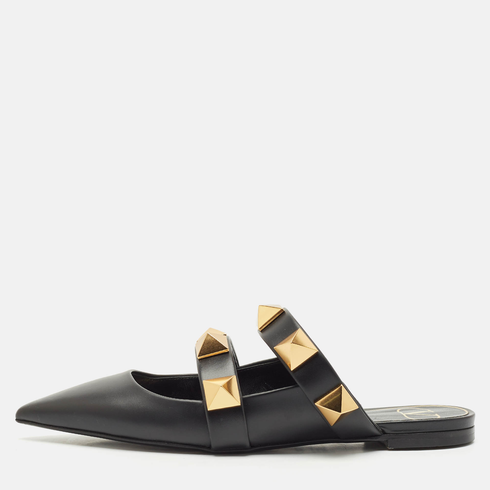 

Valentino Black Leather Roman Stud Flat Mules Size
