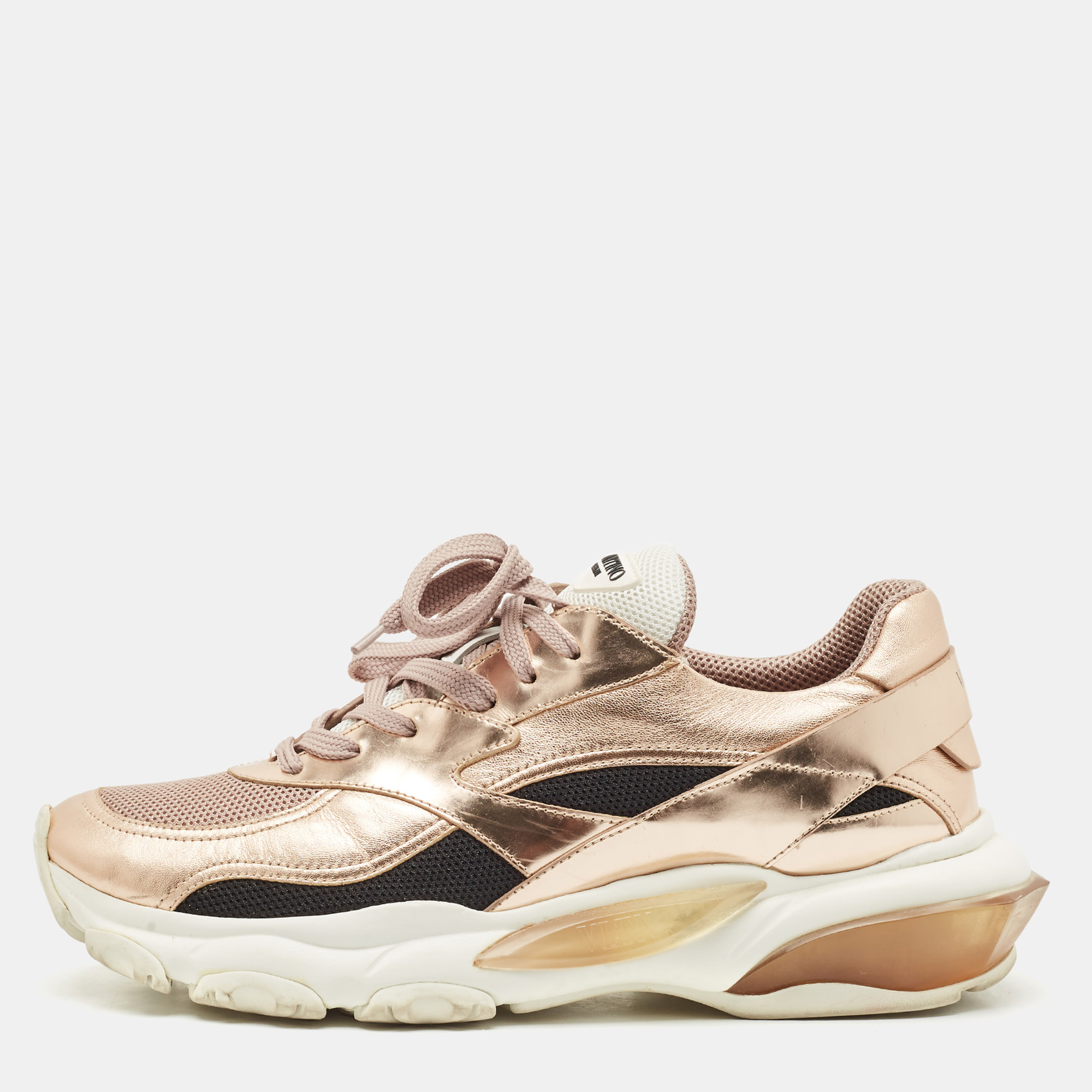 

Valentino Rose Gold Leather and Mesh Bounce Sneakers Size, Pink