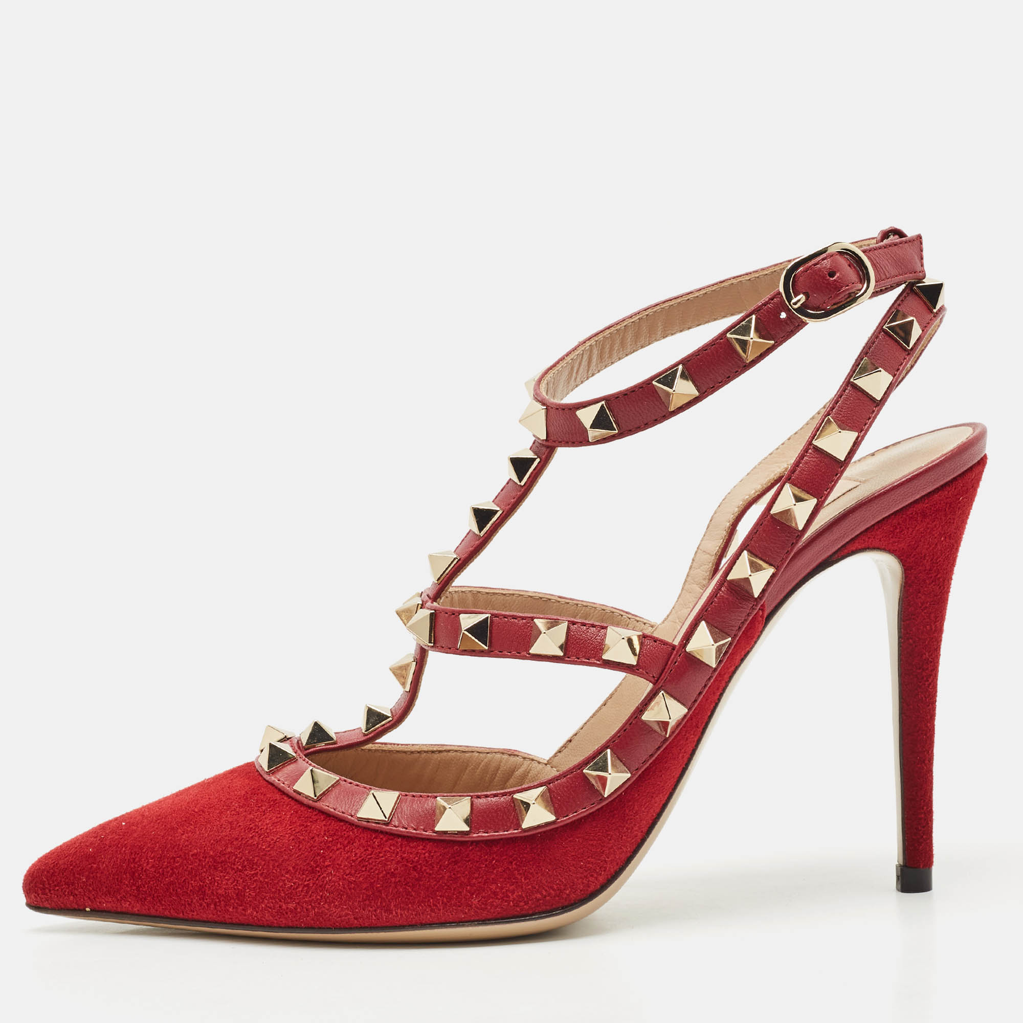 

Valentino Red Suede Rockstud Ankle Strap Pumps Size