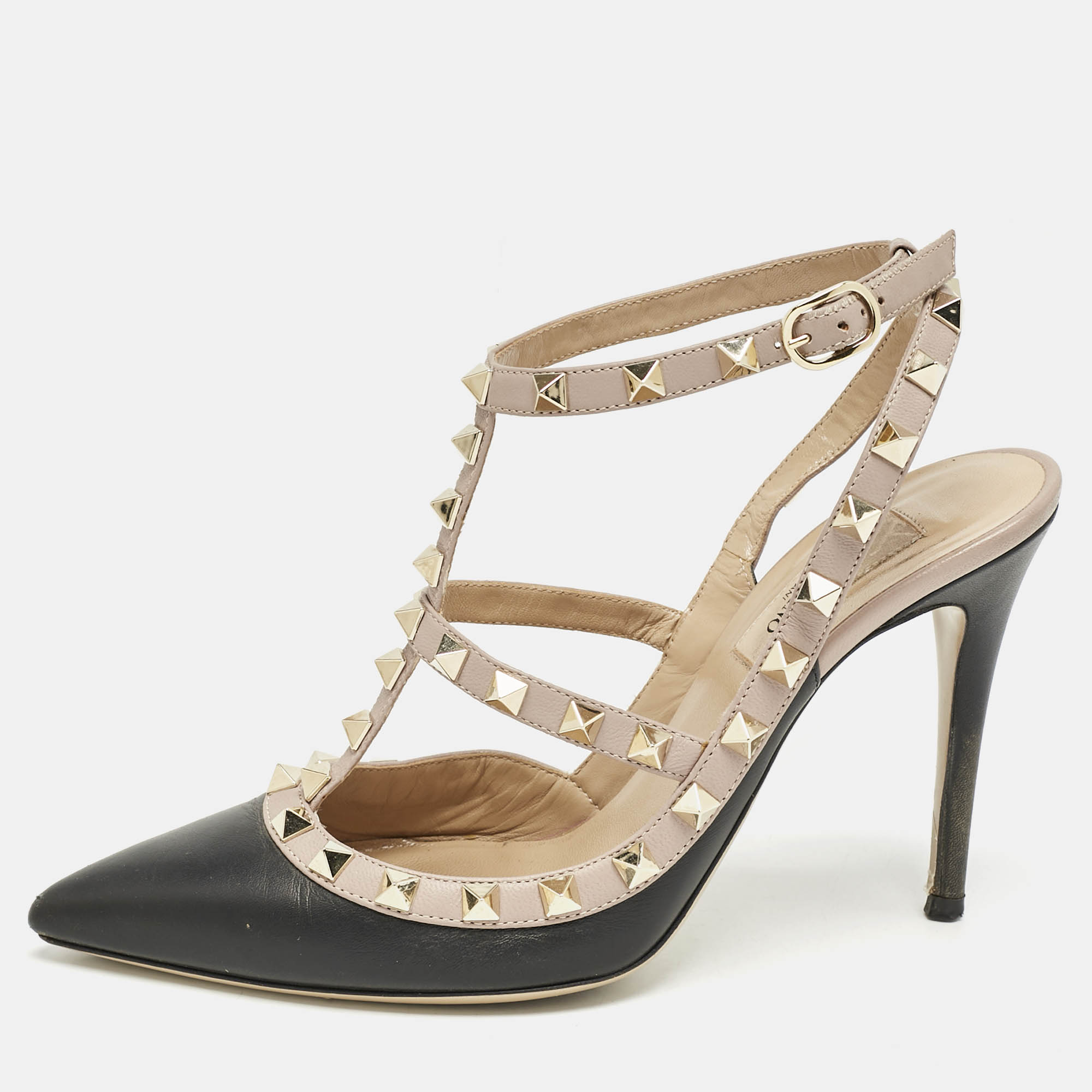 

Valentino Black/Pink Leather Rockstud Caged Pumps Size