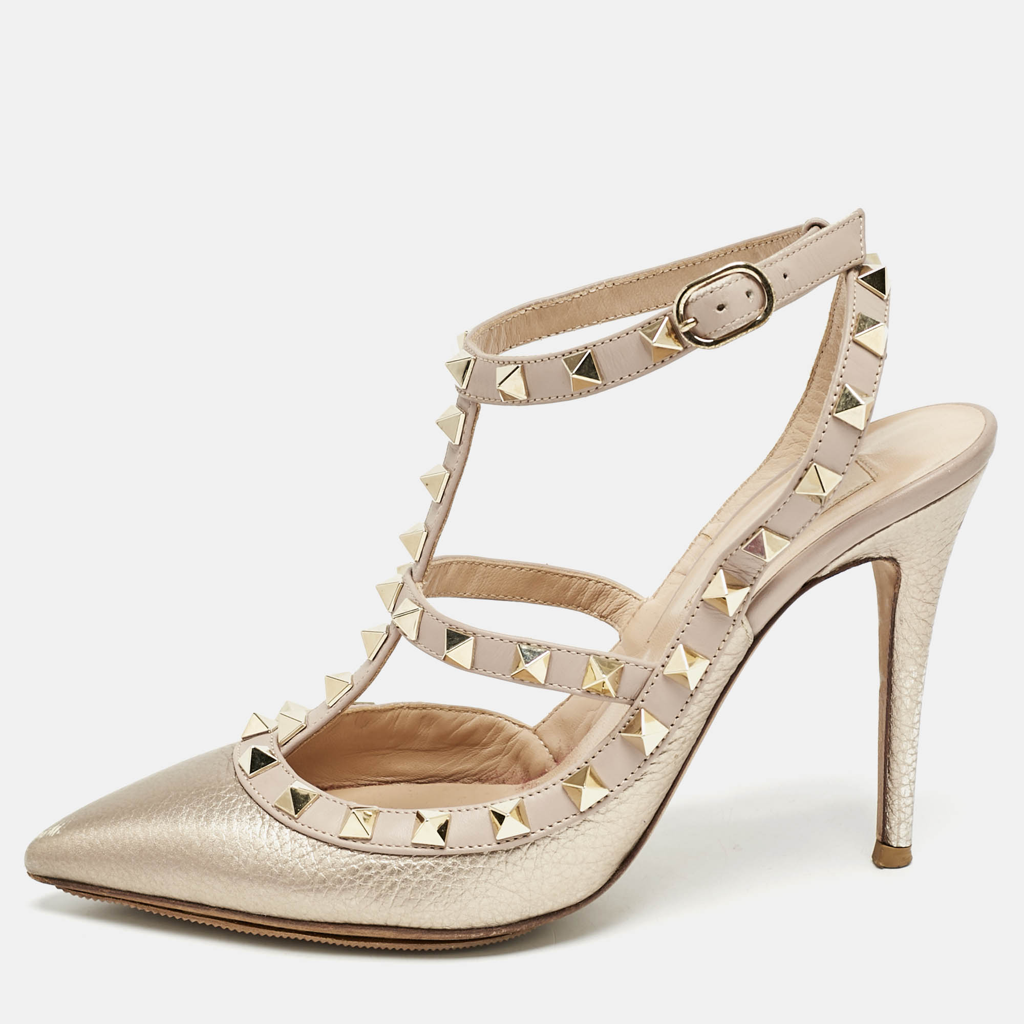 

Valentino Metallic/Beige Leather Rockstud Caged Ankle Strap Pumps Size