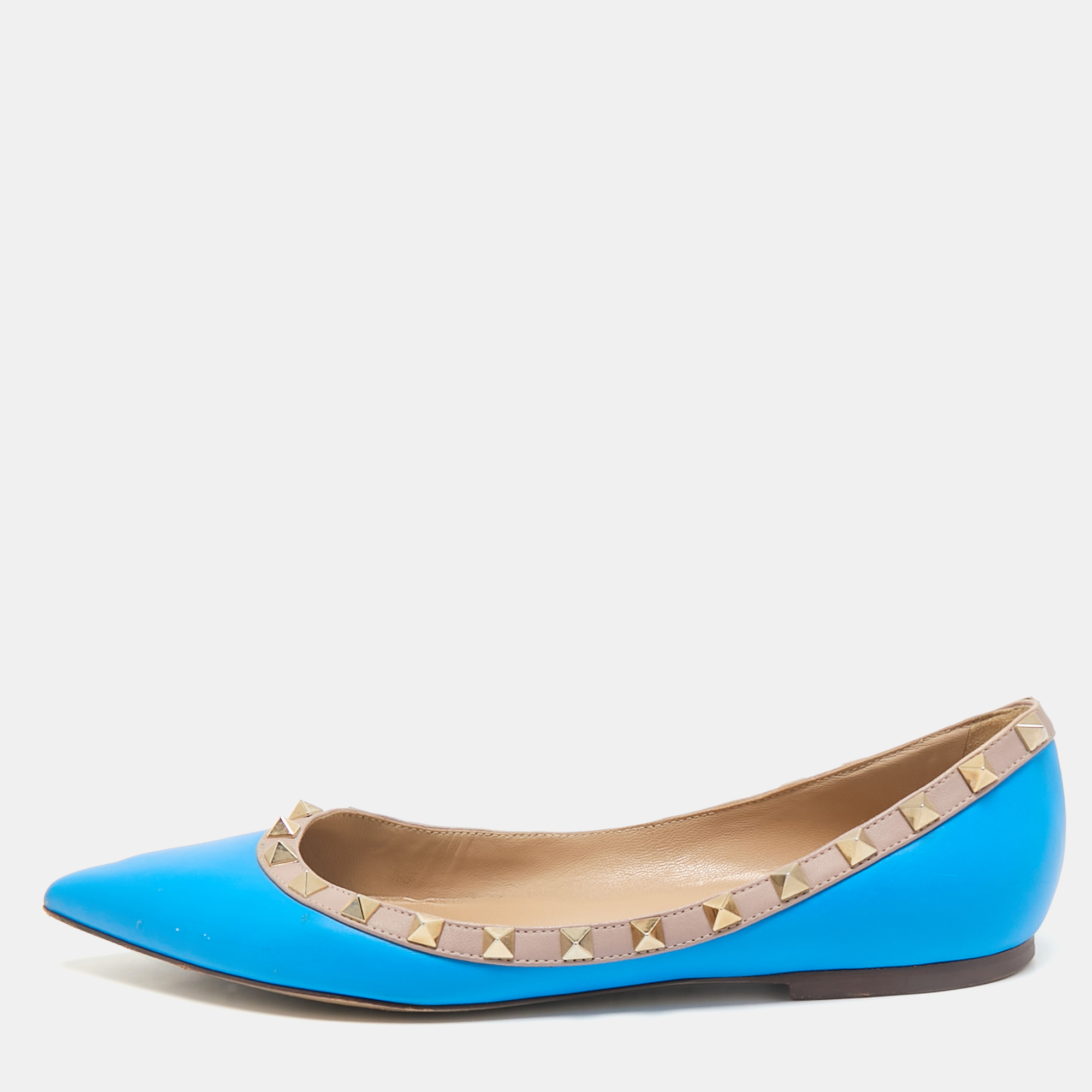 

Valentino Blue/Beige Leather Rockstud Ballet Flats Size