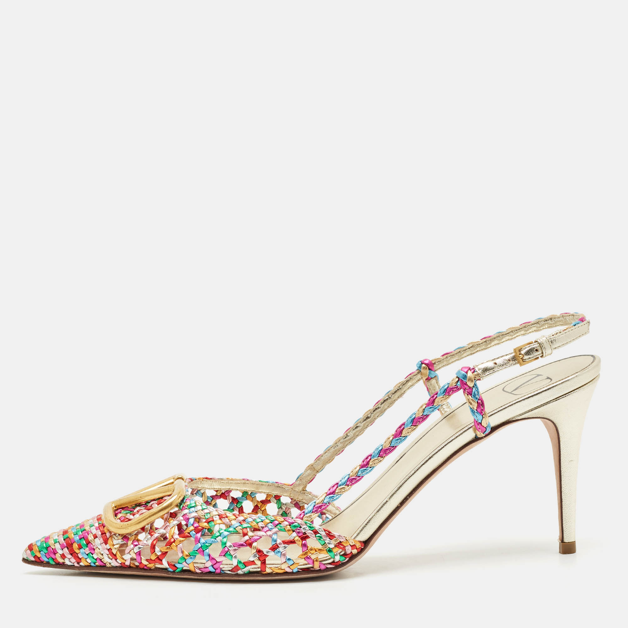 

Valentino Multicolor Woven Leather VLogo Slingback Pumps Size