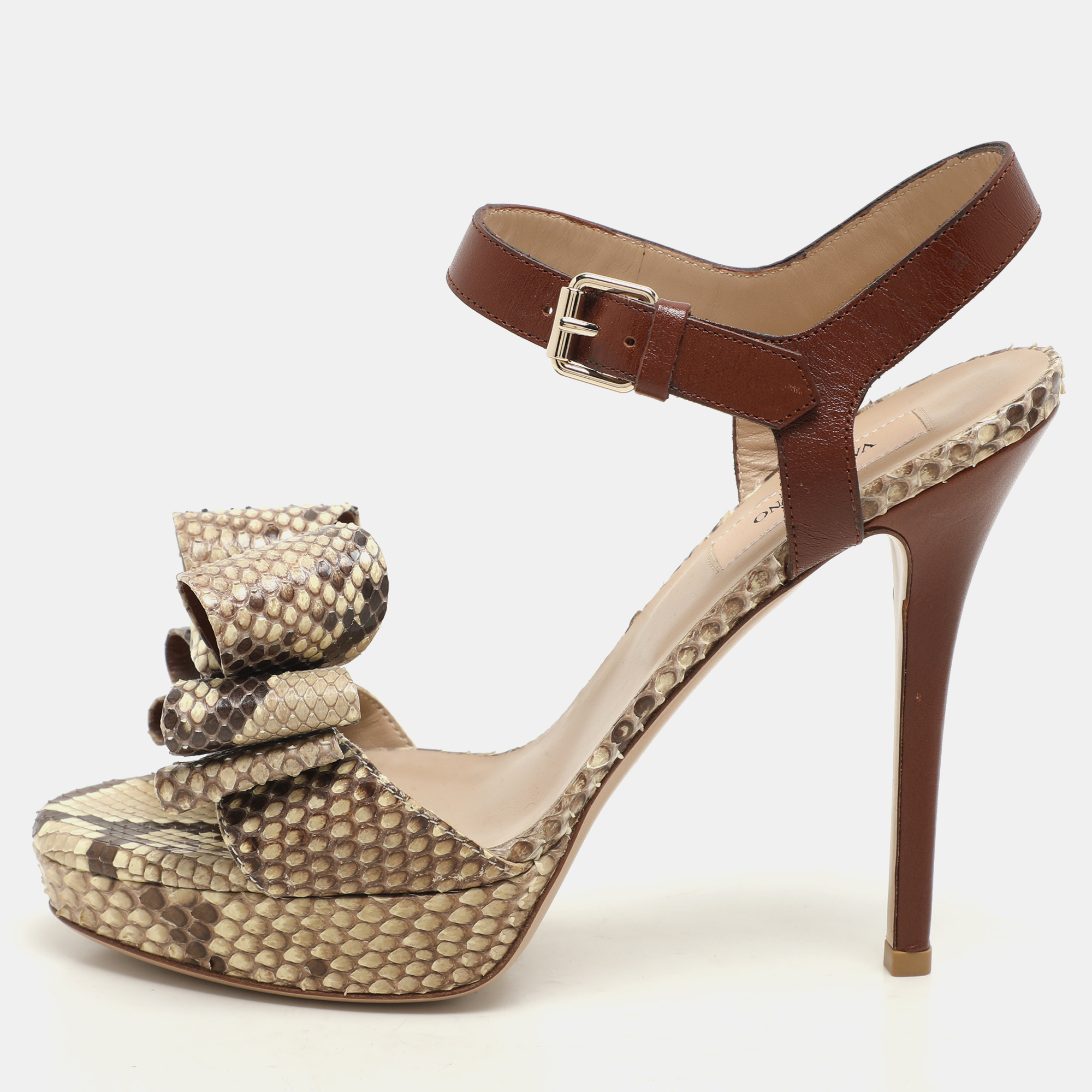 

Valentino Beige Leather and Python Leather Bow Ankle Strap Sandals Size 37