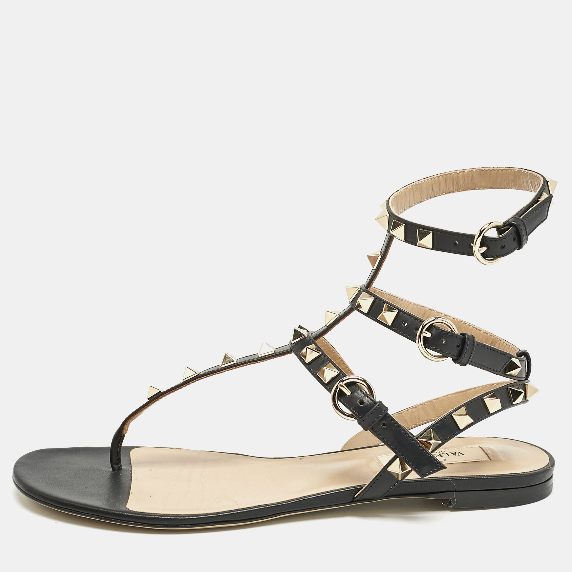 

Valentino Black Leather Rockstud T- Strap Flat Sandals Size