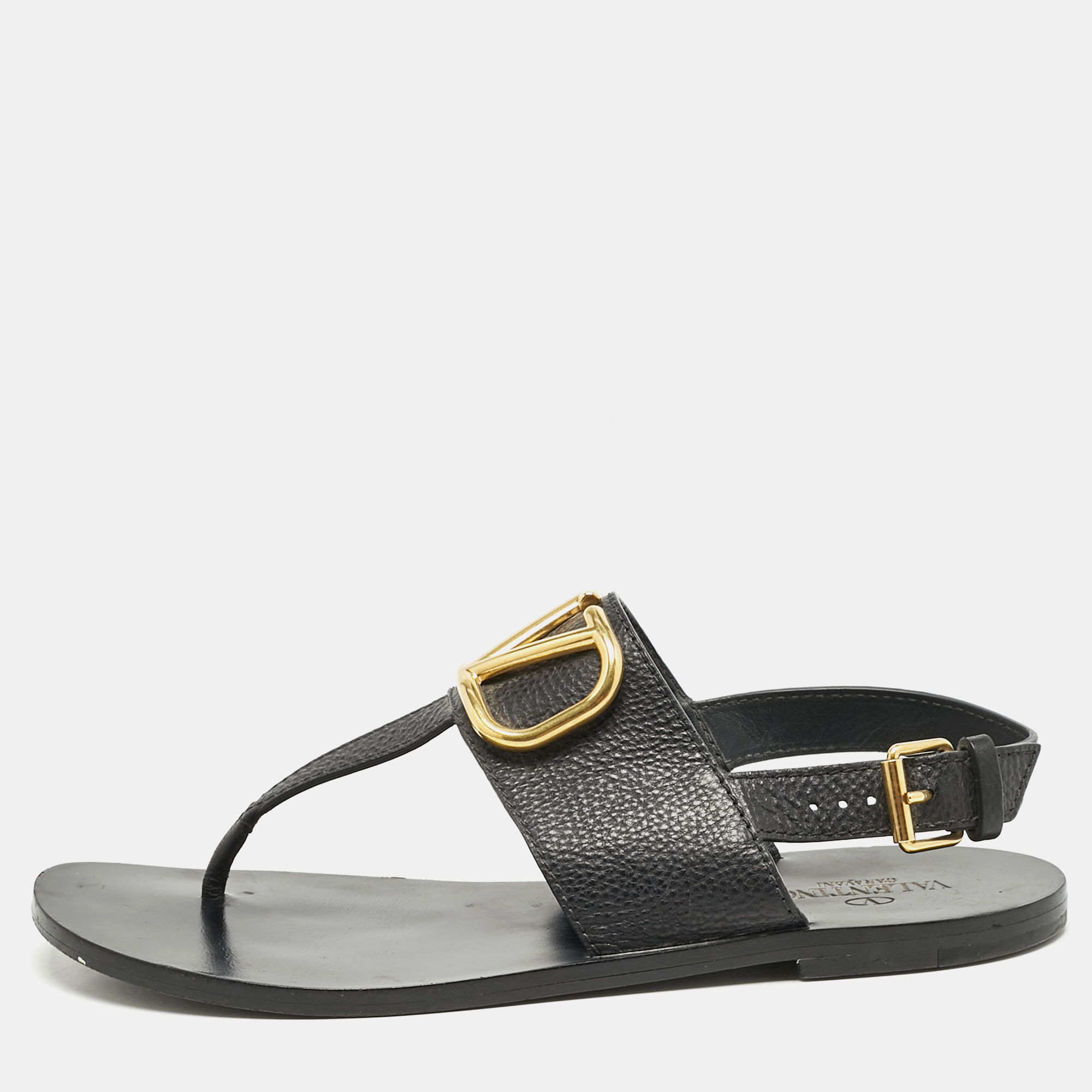 

Valentino Black Leather VLogo Thong Flat Sandals Size