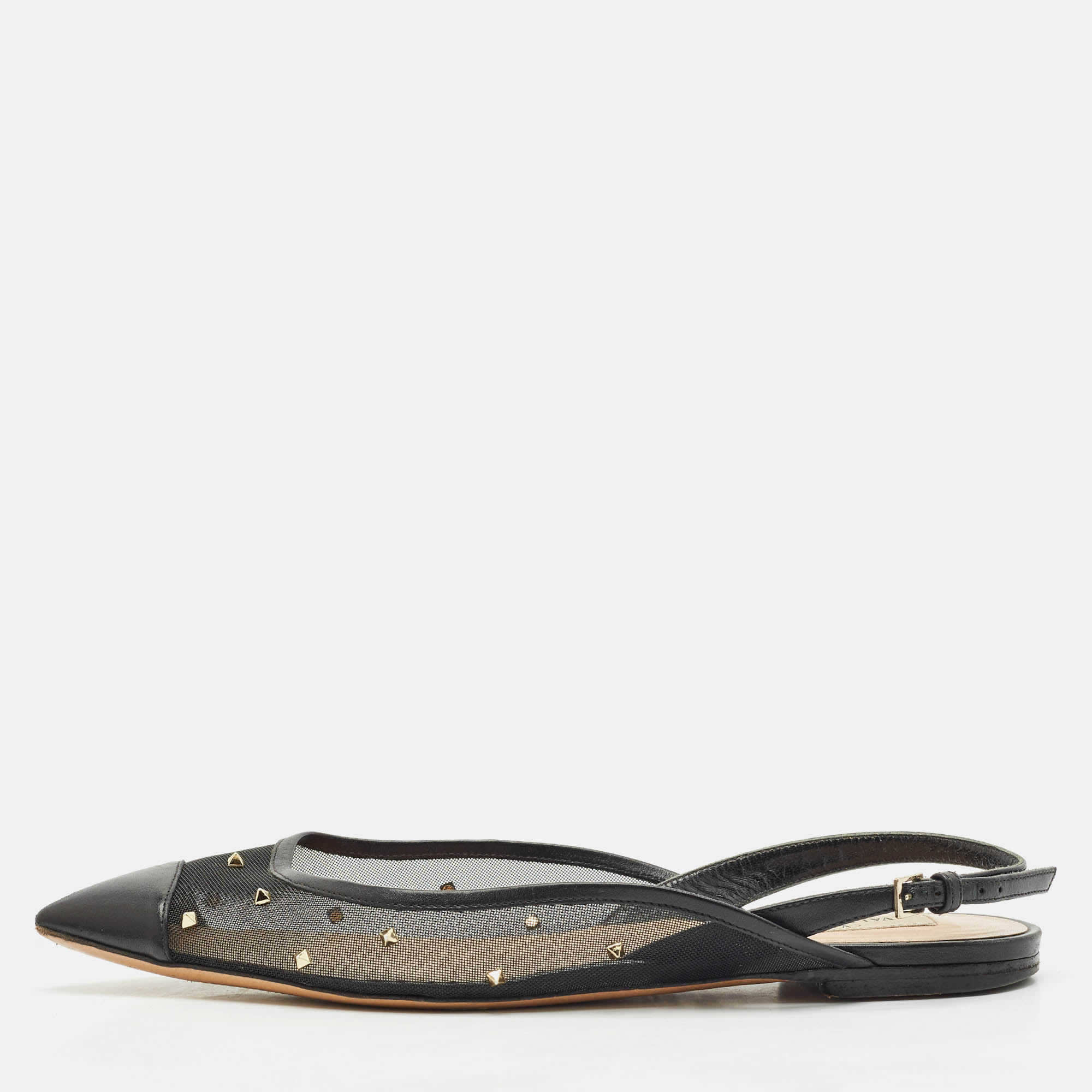 

Valentino Black Leather and Mesh Rockstud Slingback Sandals Size