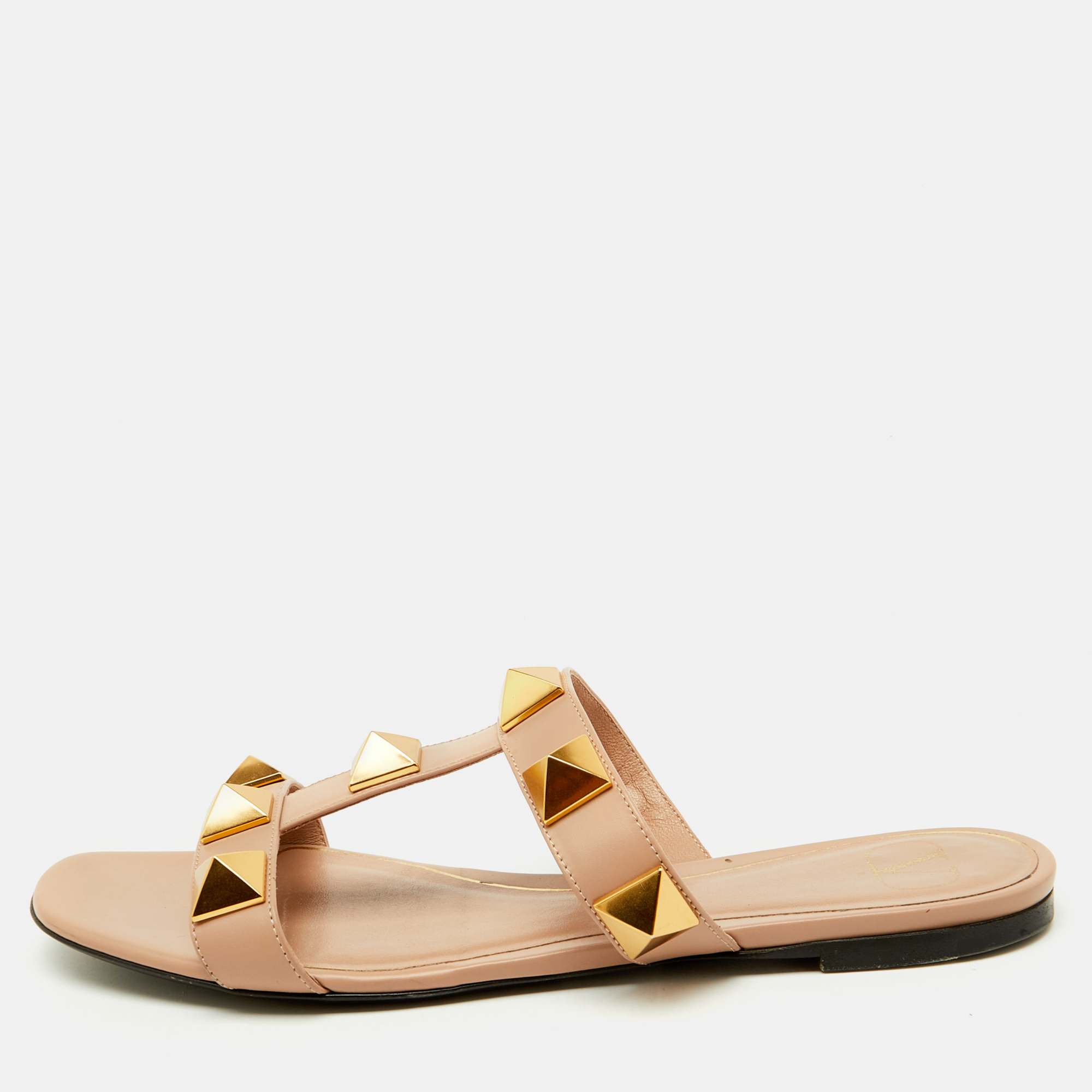

Valentino Beige Leather Roman Stud Flat Slide Sandals Size