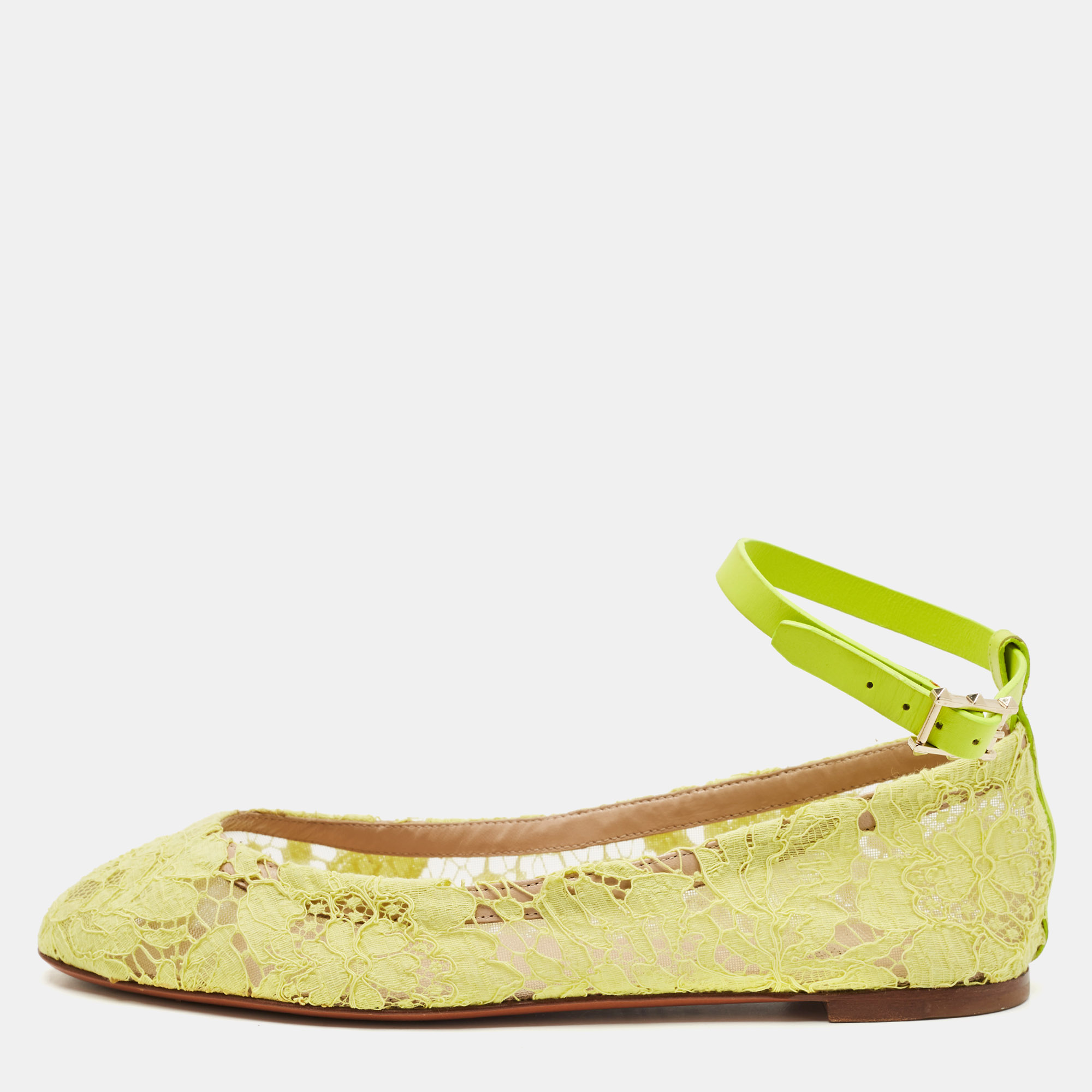 

Valentino Neon Yellow Lace and Leather Ankle Strap Ballet Flats Size