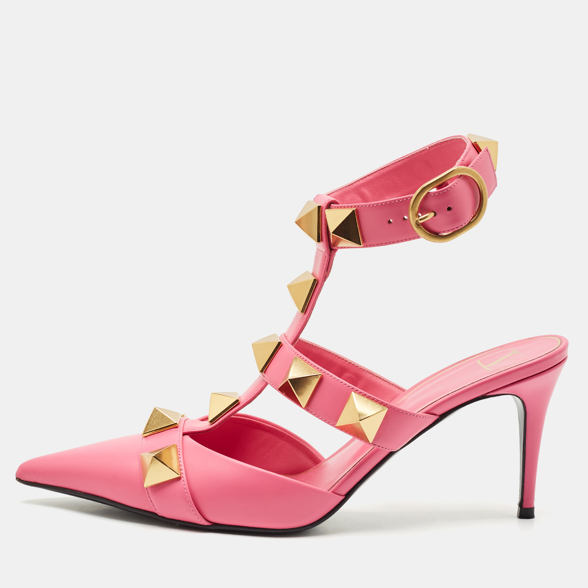

Valentino Pink Leather Roman Stud Ankle Strap Pumps Size