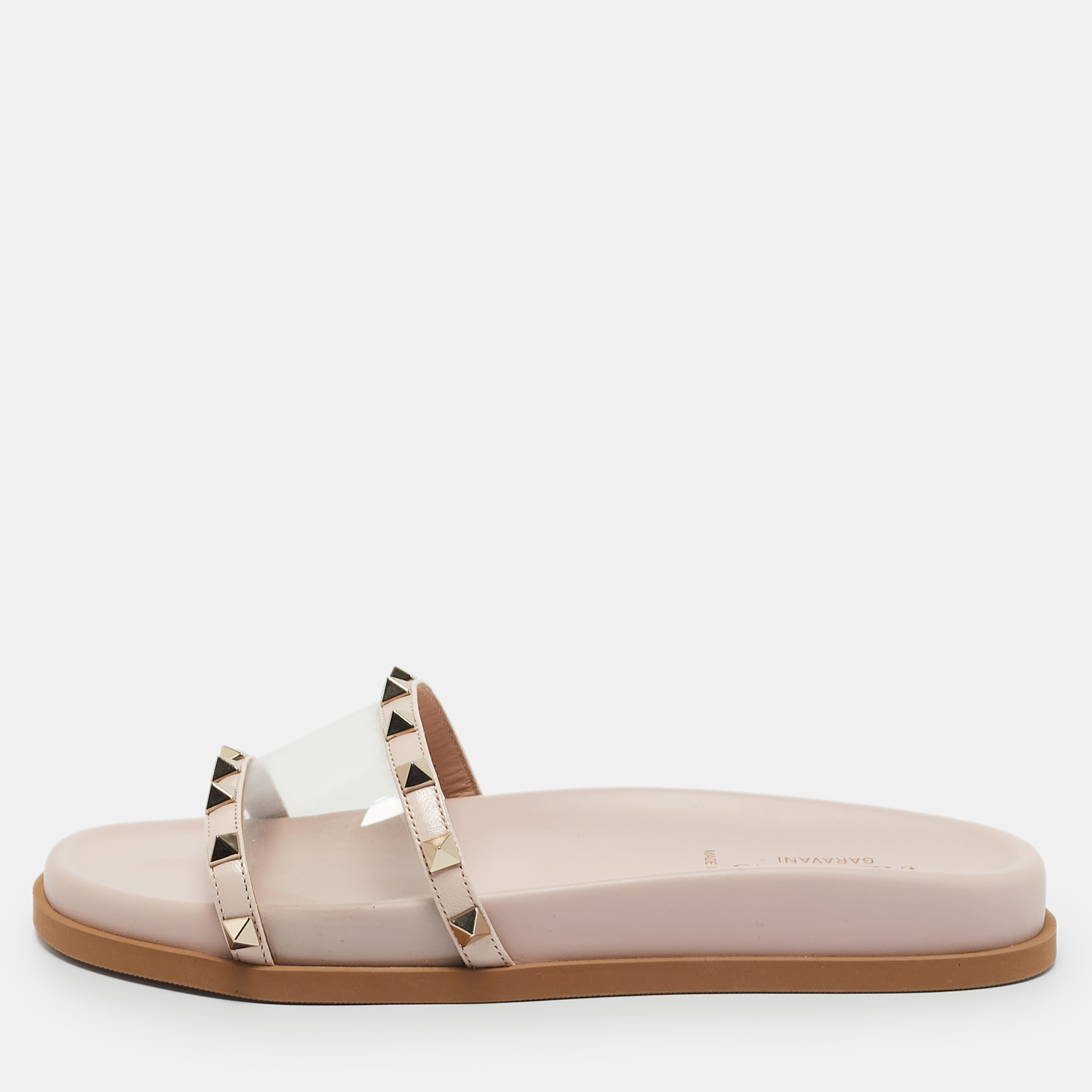 

Valentino Pink Leather and PVC Rockstud Flat Slides Size