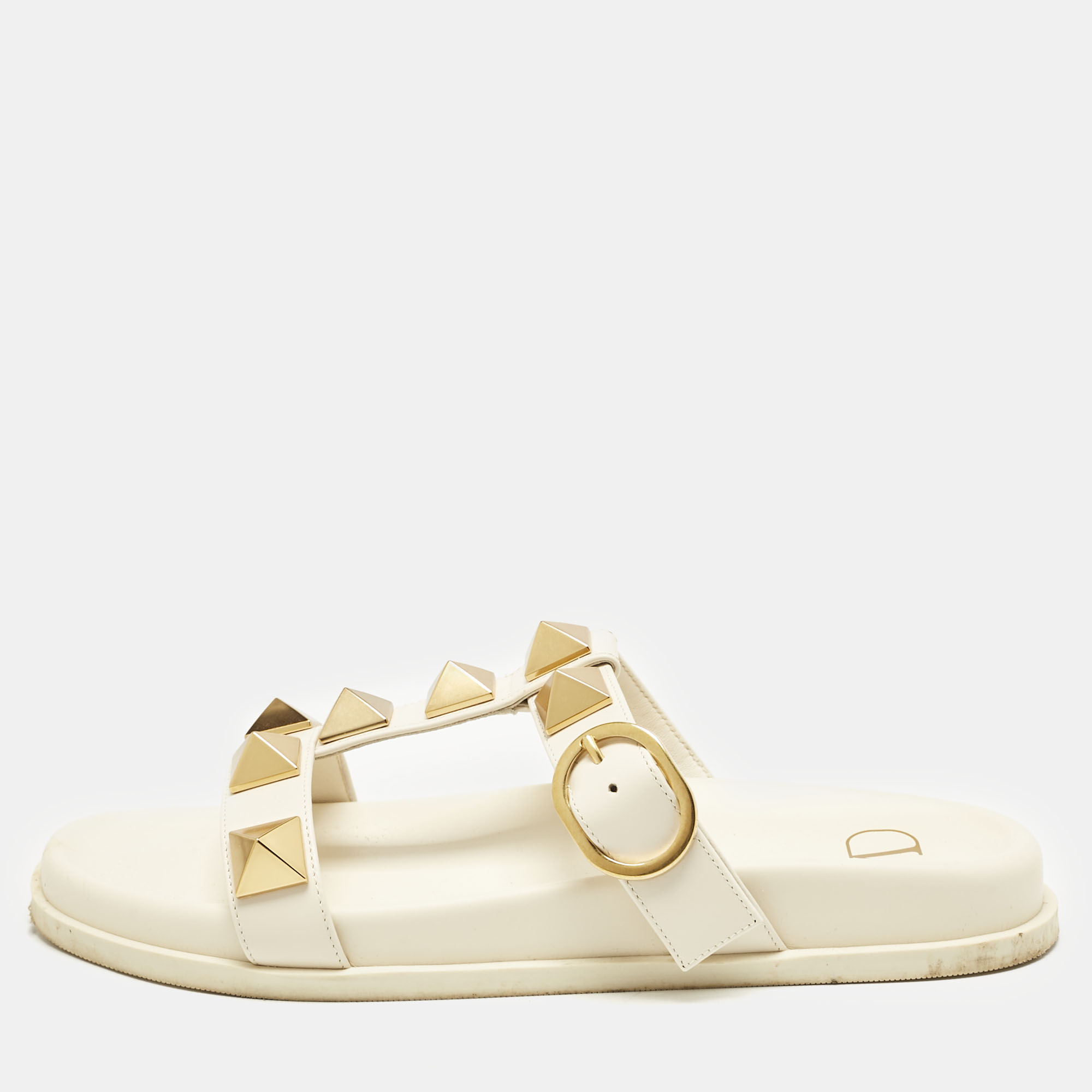 

Valentino Off White Leather Roman Stud Flat Slide Sandals Size