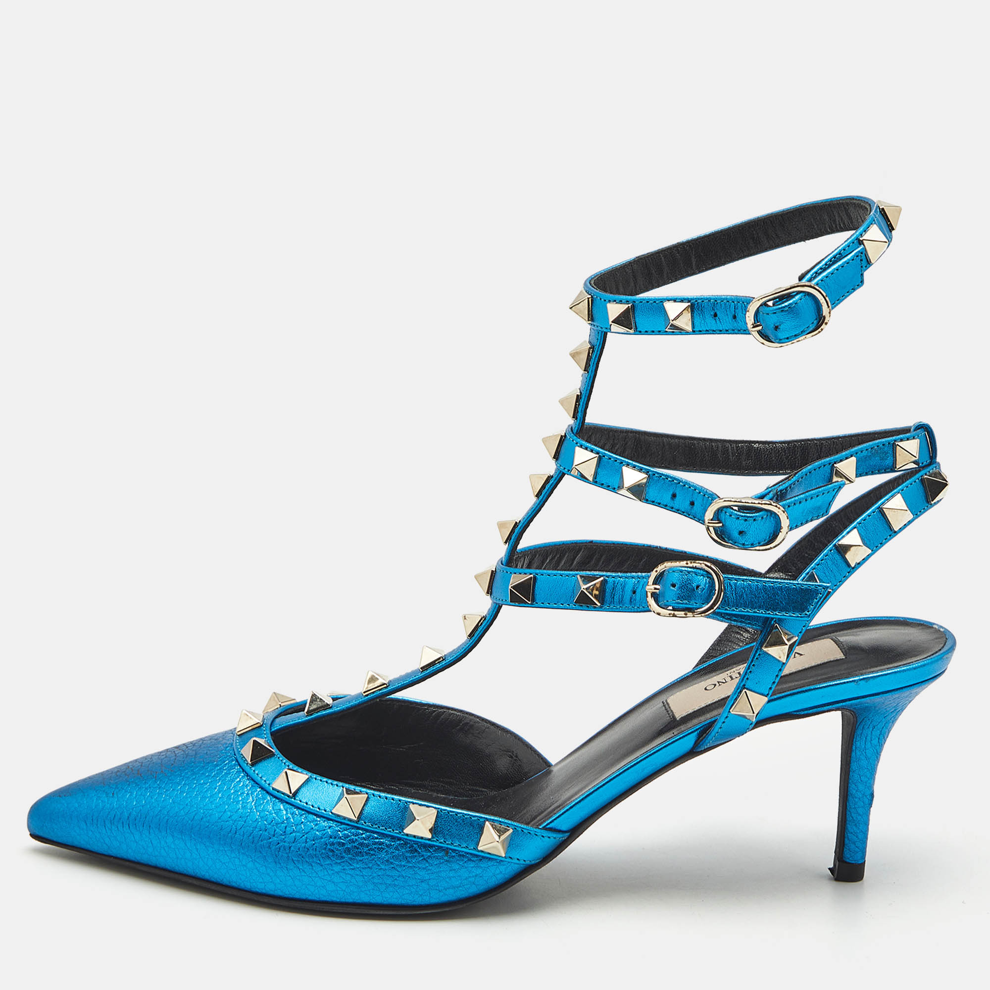 

Valentino Metallic Blue Leather Rockstud Cage Pumps Size