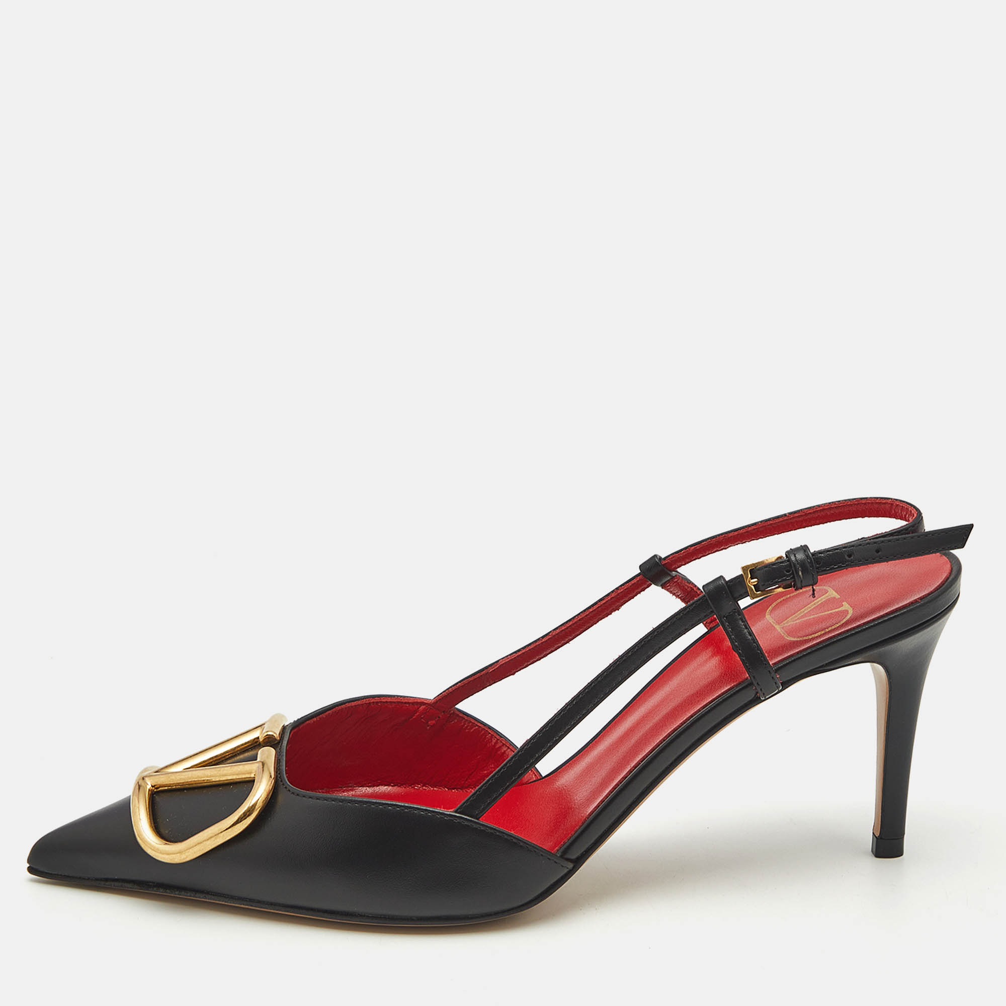 

Valentino Black/Red Leather VLogo Slingback Pumps Size
