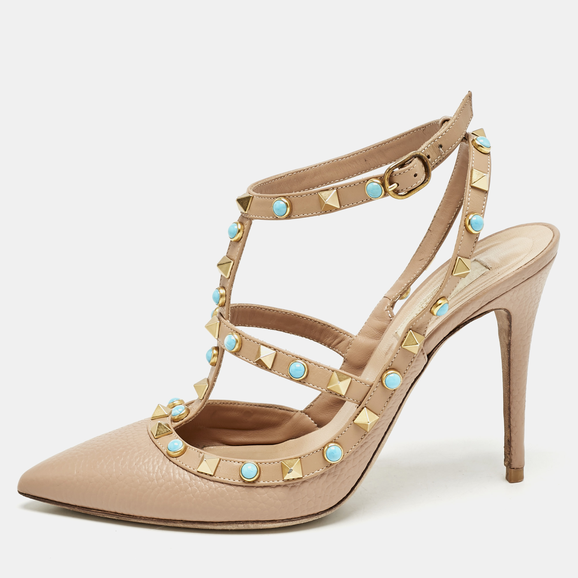 

Valentino Beige Leather Rockstud Caged Ankle Strap Pumps Size