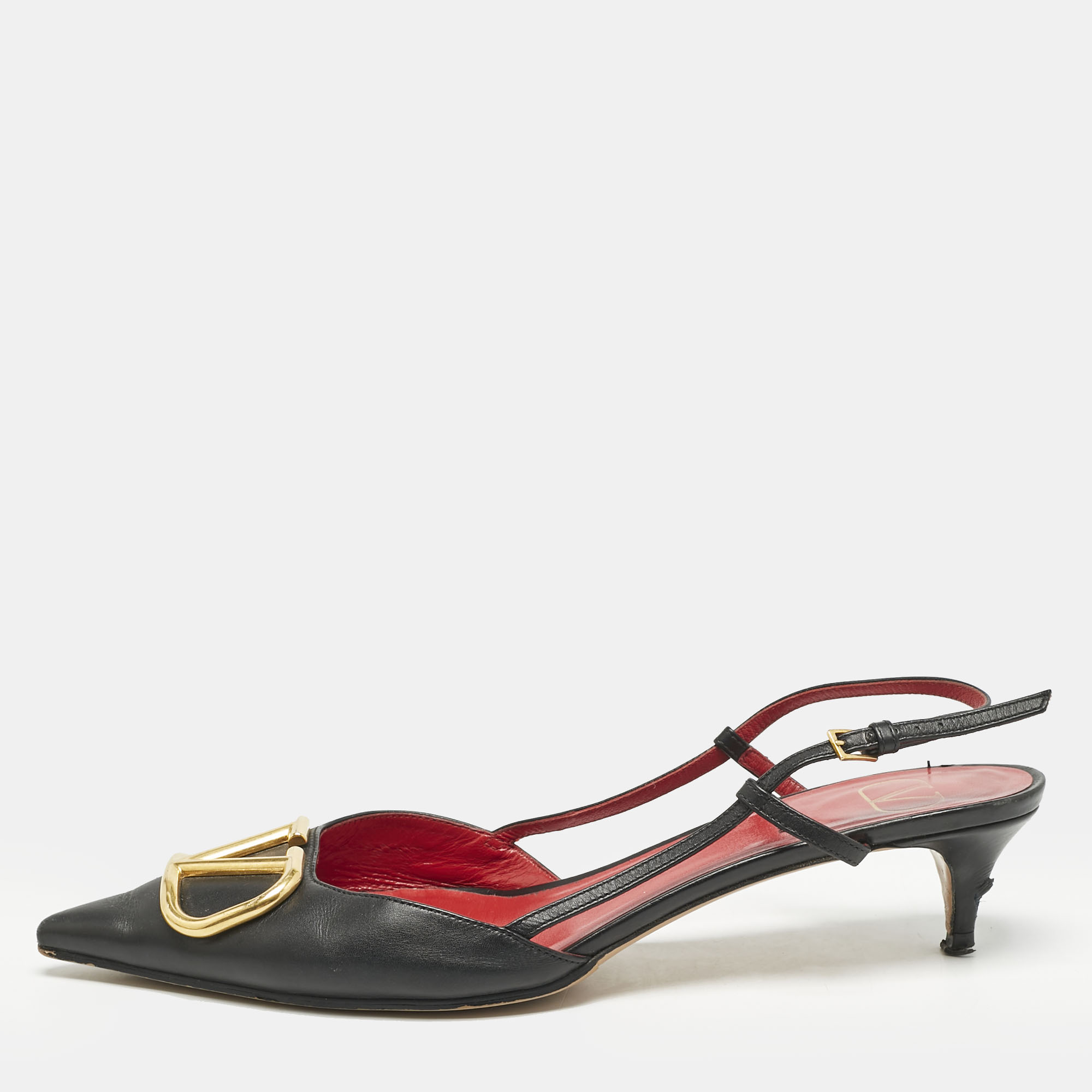 

Valentino Black Leather VLogo Slingback Pumps Size