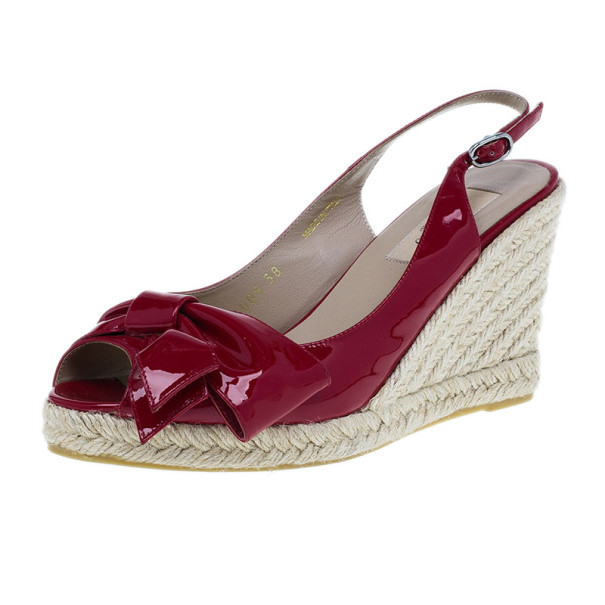 Pre Owned Valentino Red Patent Mena Bow Slingback Esapdrilles Wedges Size 38