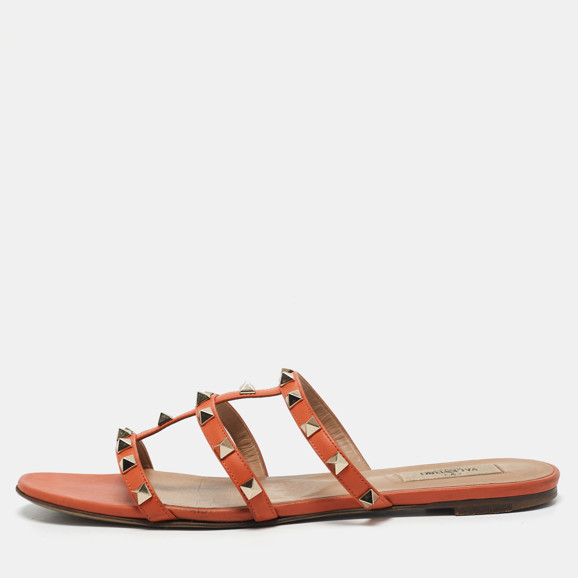 

Valentino Orange Leather Rockstud Flat Slides Size