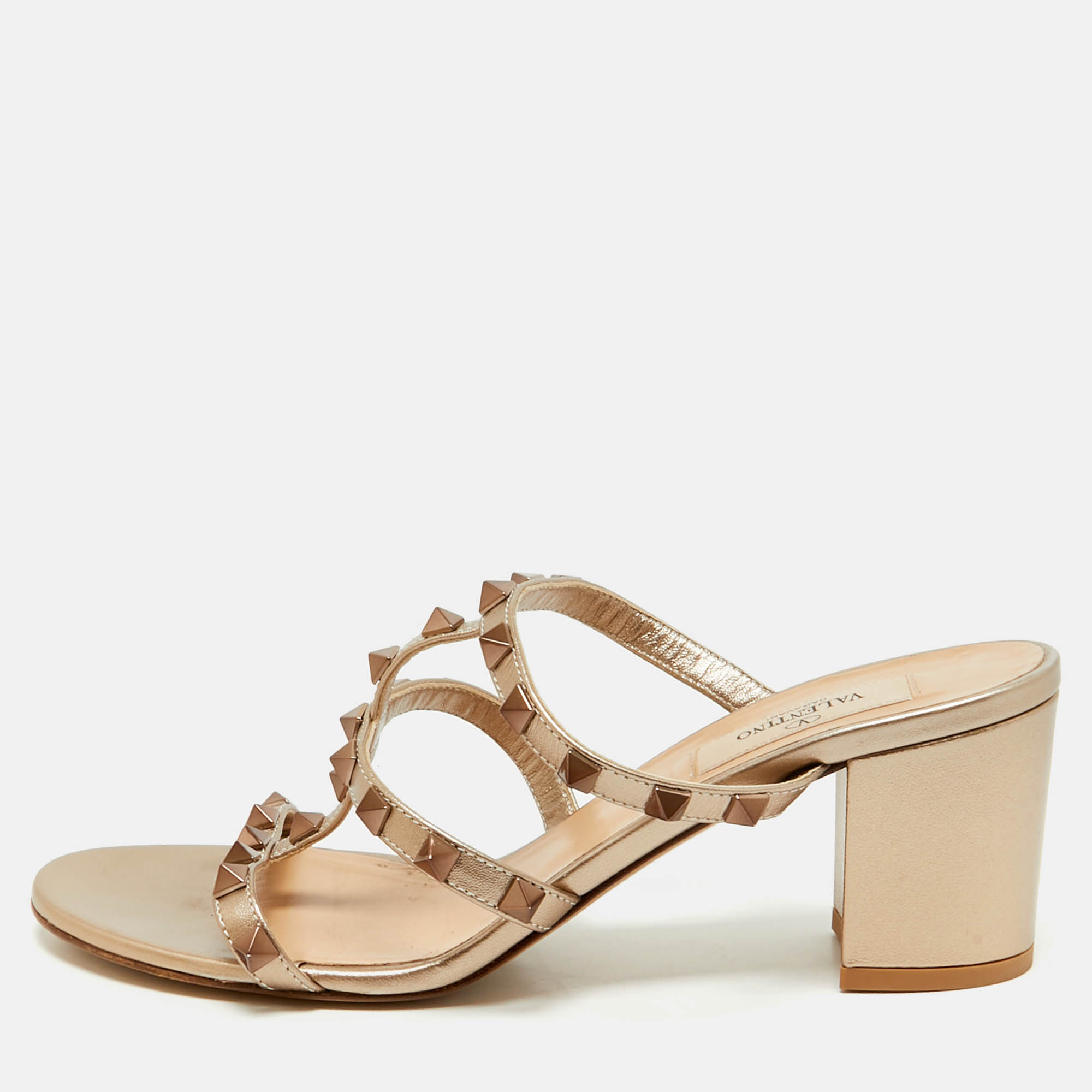 

Valentino Gold Leather Rockstud Slide Sandals Size