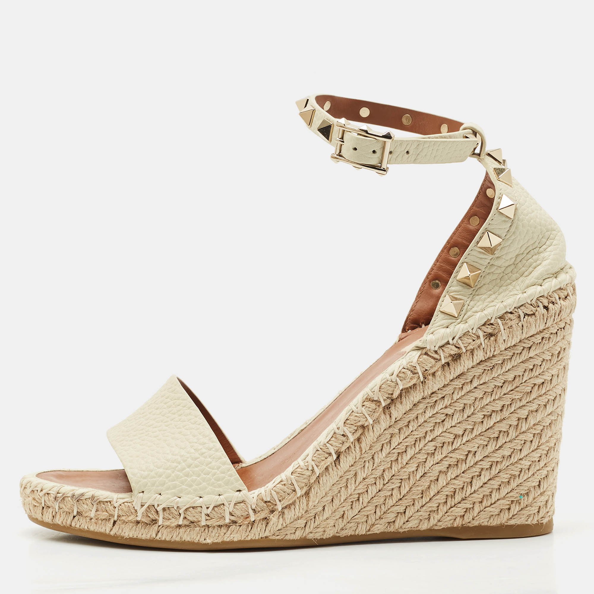 

Valentino Cream Leather Rockstud Wedge Espadrille Ankle Strap Sandals Size, White