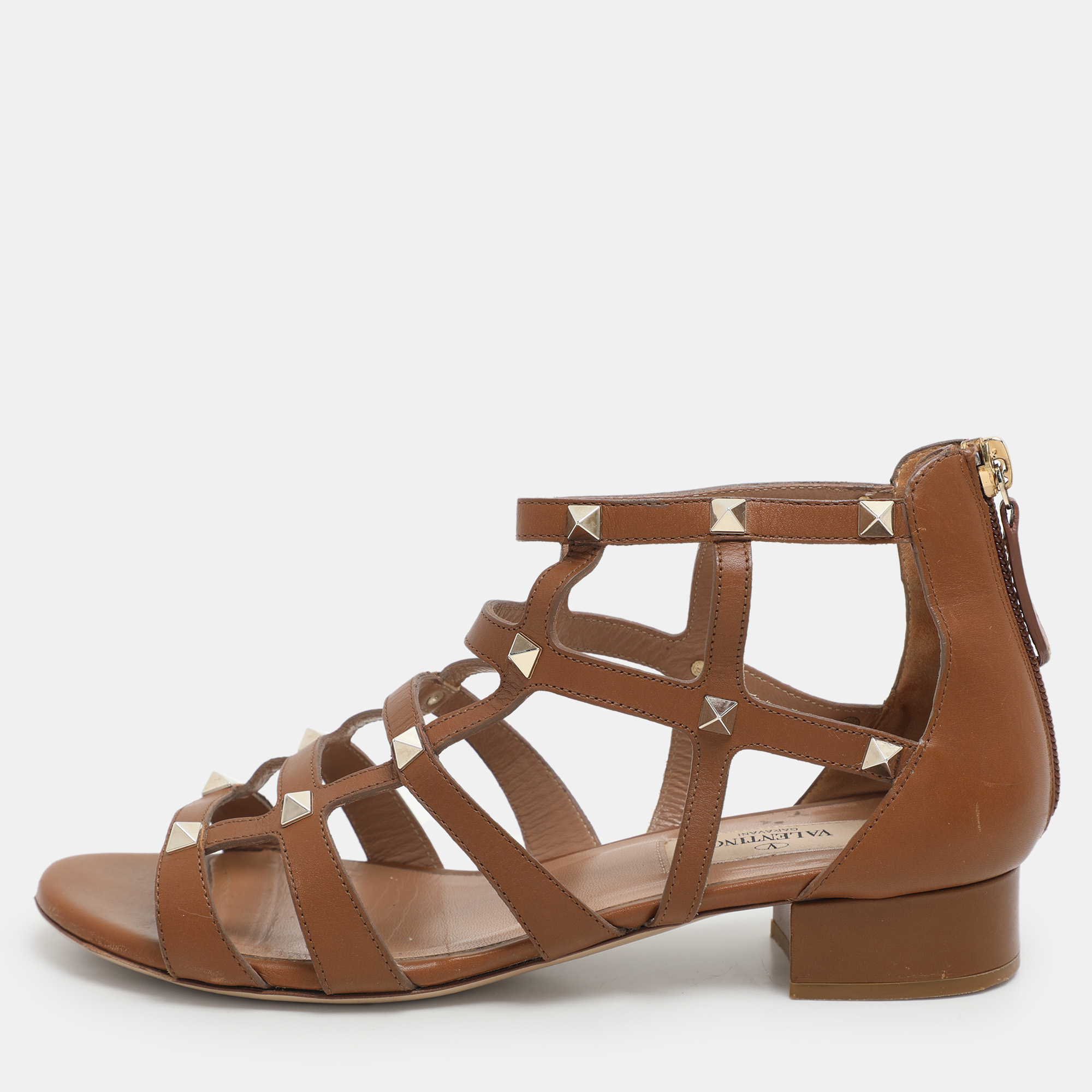 

Valentino Brown Leather Rockstud Gladiator Flat Sandals Size