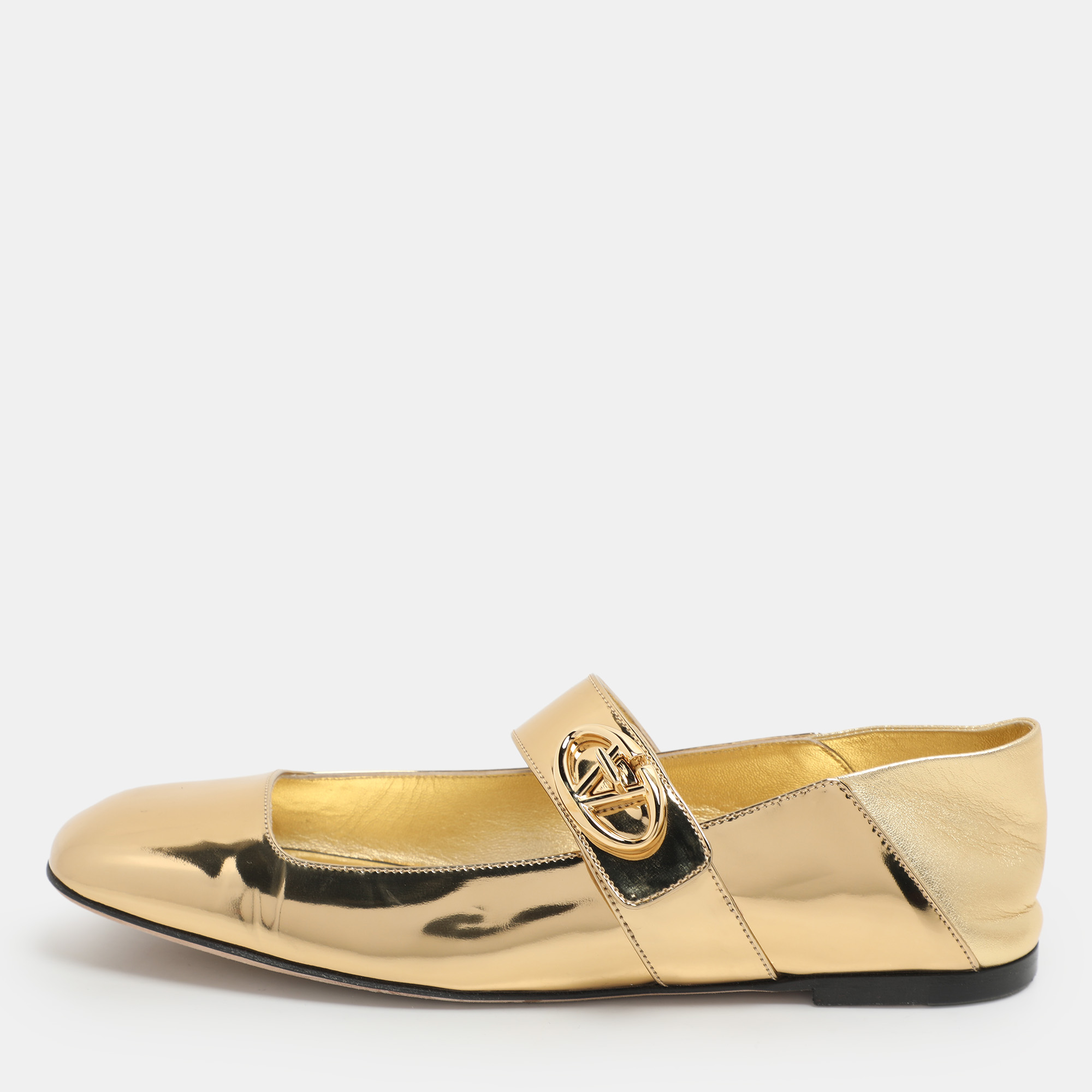 

Valentino Gold Patent Leather VLogo Locker Mary Jane Ballet Flats Size