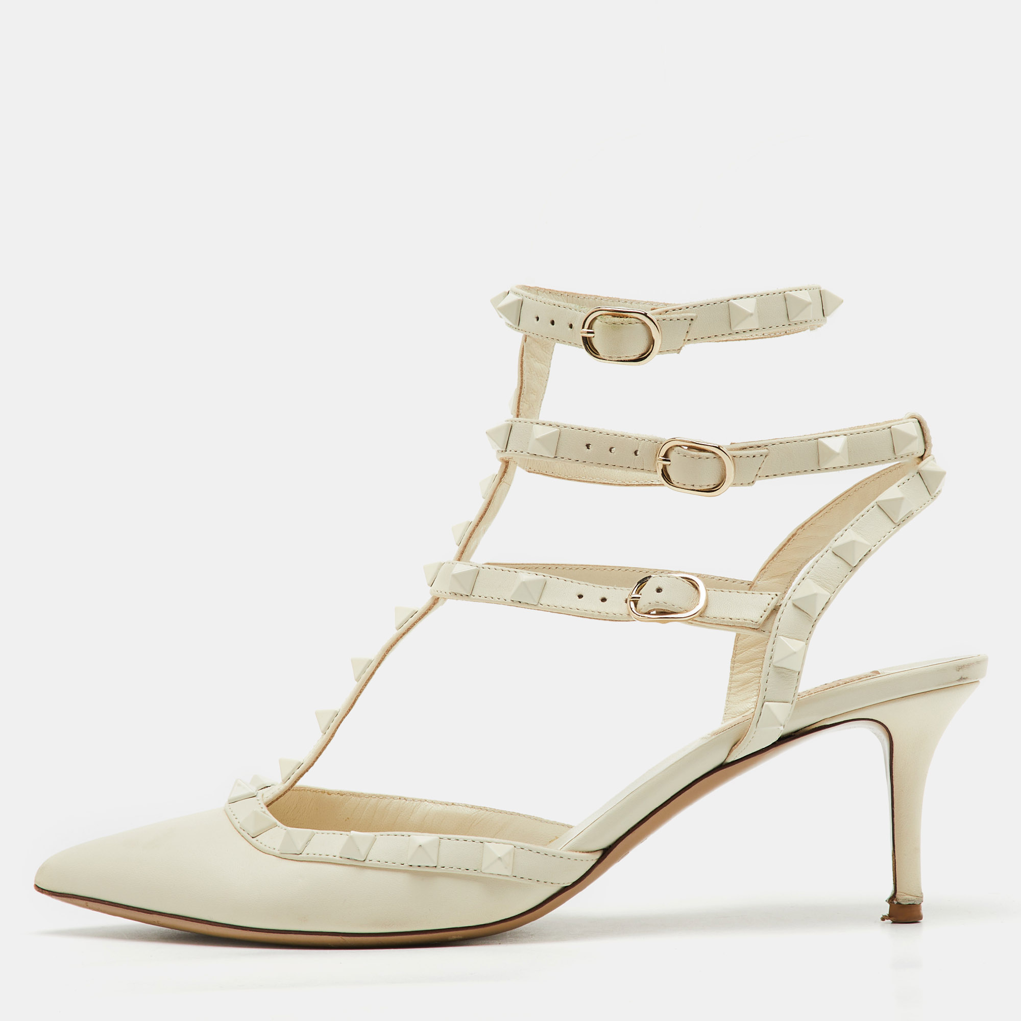 

Valentino White Leather Rockstud Caged Ankle Strap Pumps Size