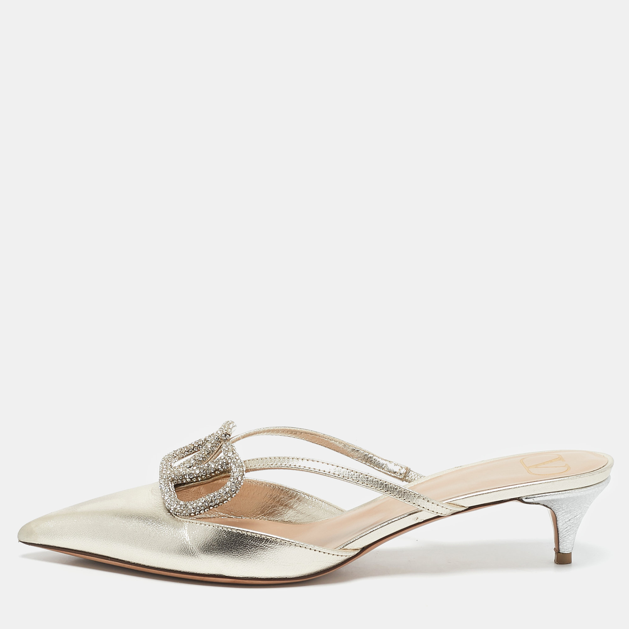 

Valentino Gold Leather Crystal Embellished VLogo Mules Size
