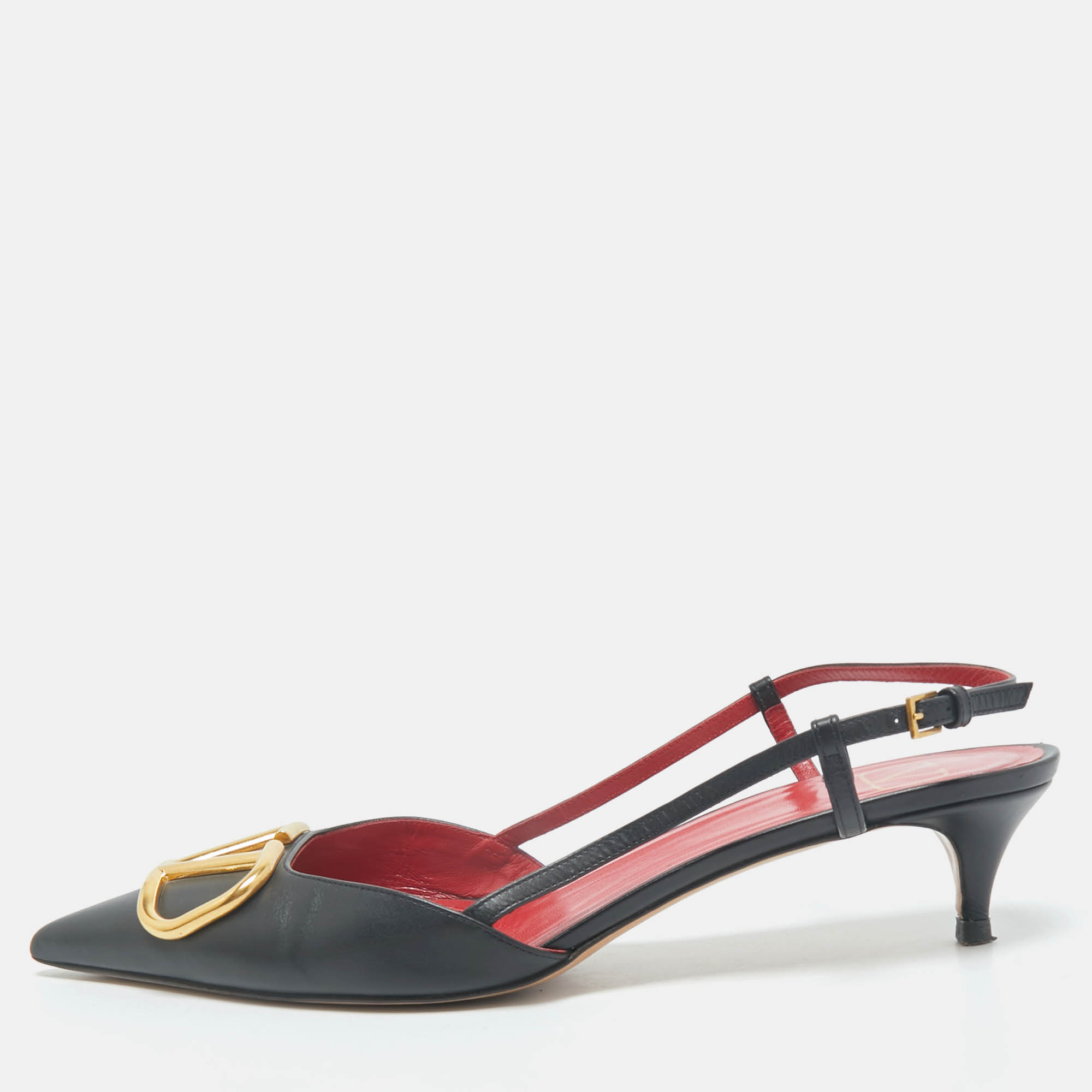 

Valentino Black Leather Escape V logo Slingback Pumps Size