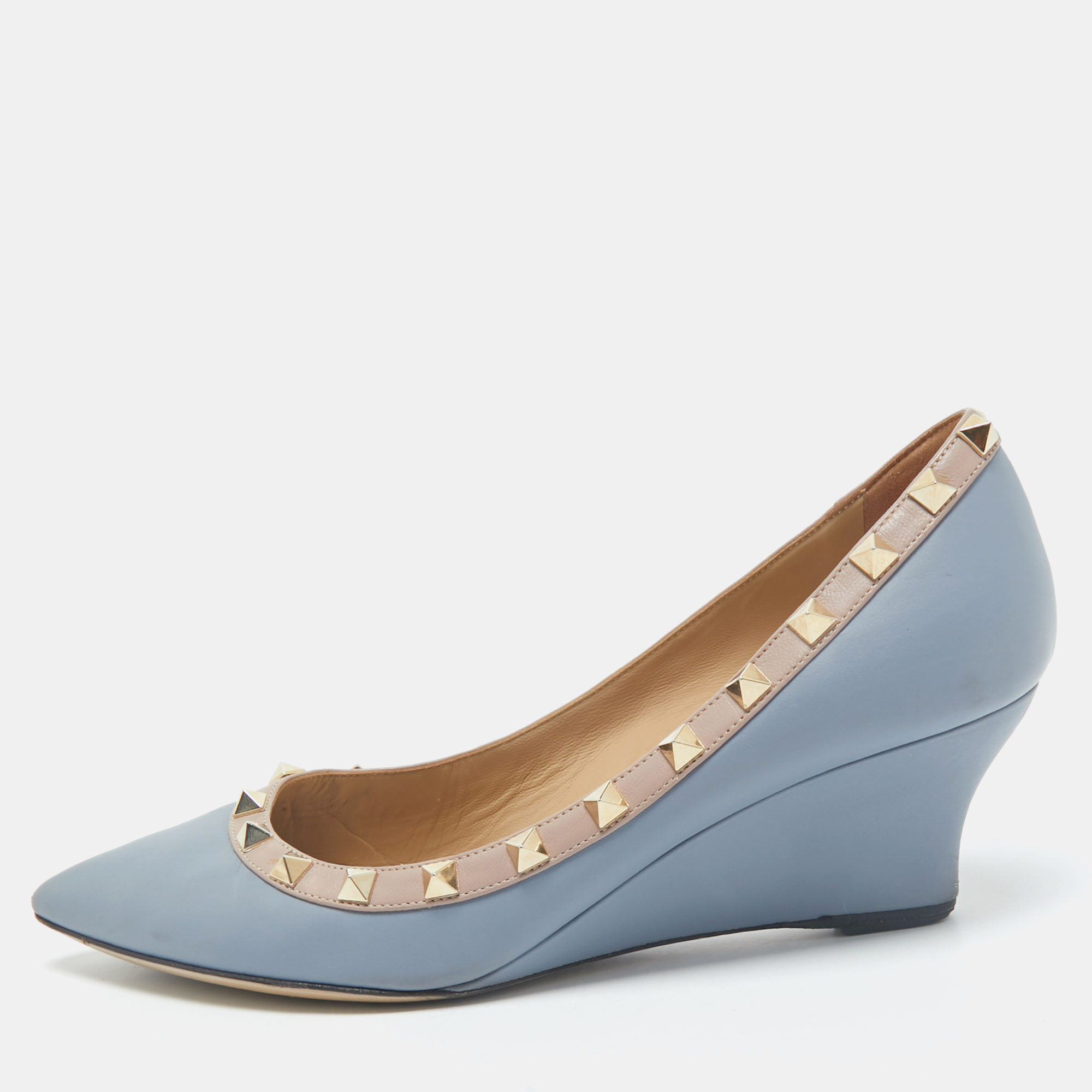 

Valentino Blue Leather Rockstud Pointed Toe Wedge Pumps Size