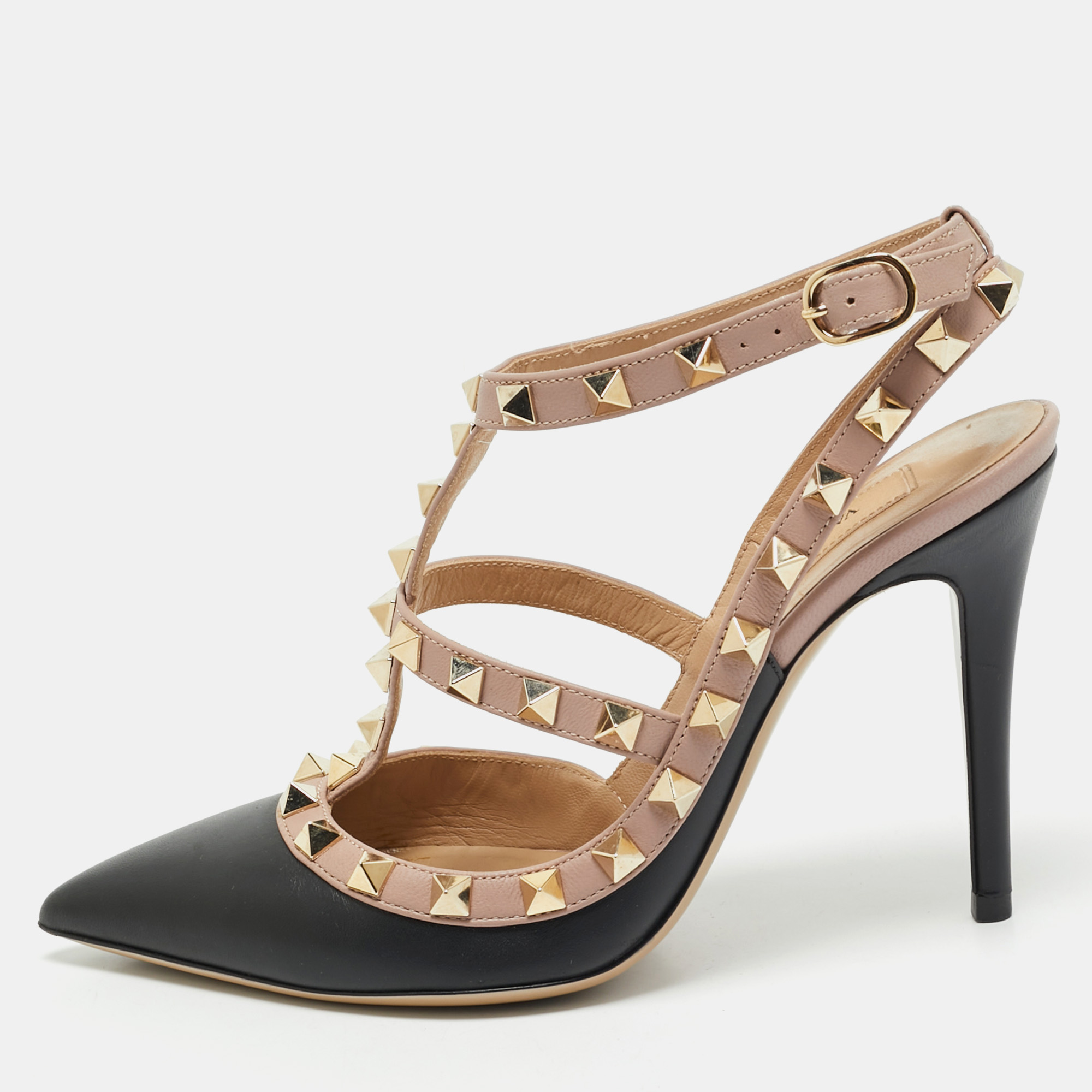 

Valentino Black/Beige Leather Rockstud Ankle Strap Pumps Size