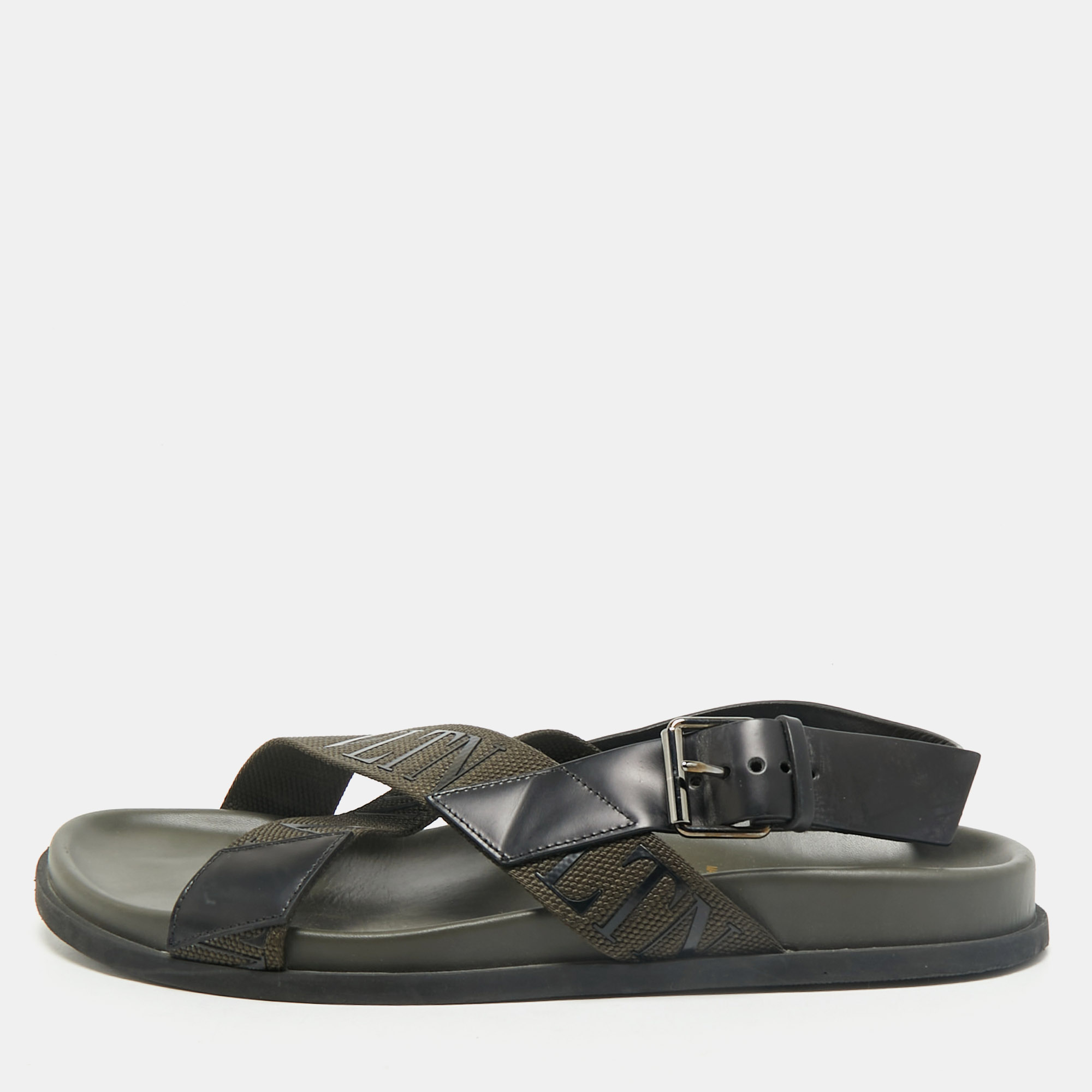 

Valentino Black/Green Fabric and Leather VLTN Print Cross Strap Sandals Size
