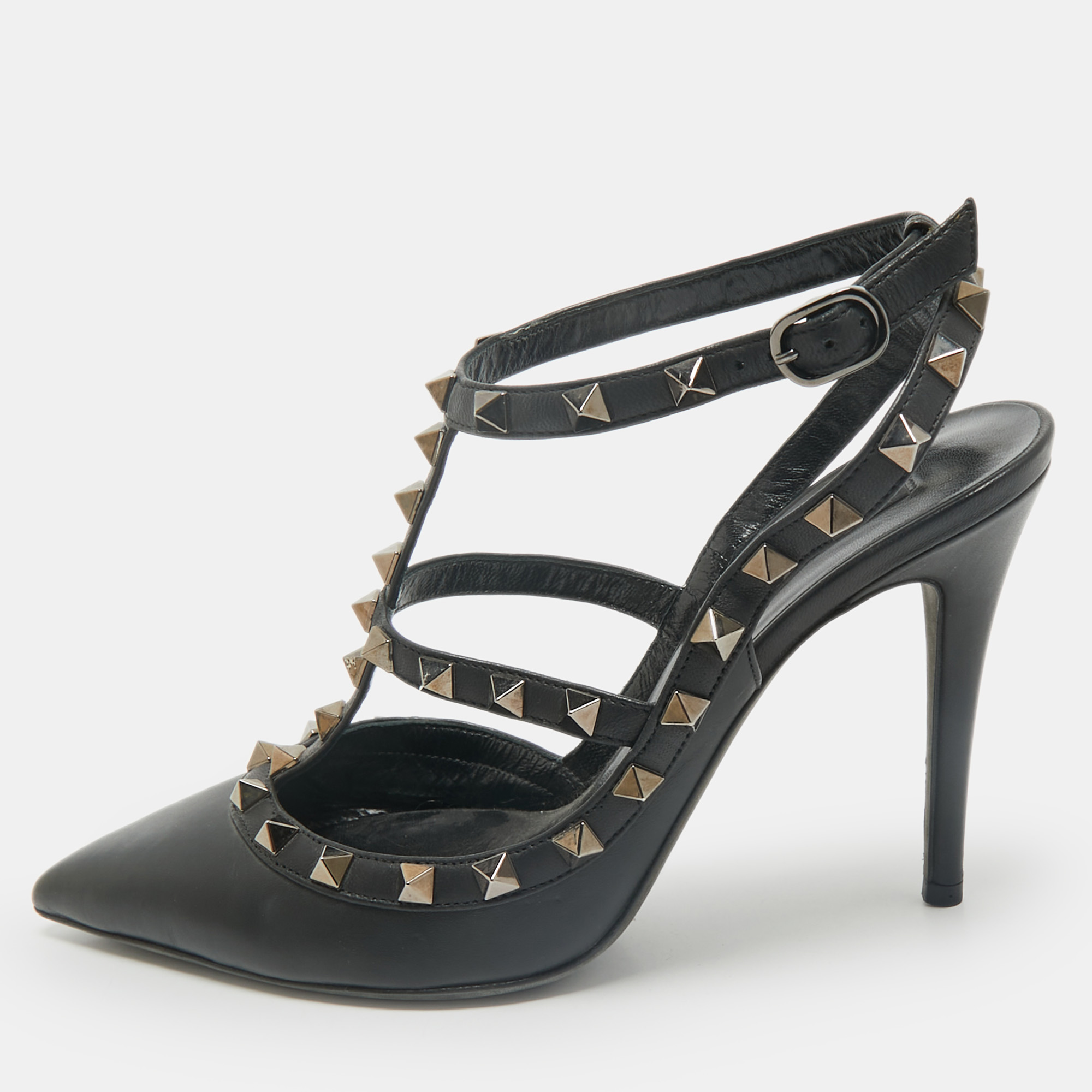 

Valentino Black Leather Rockstud Caged Ankle Strap Pumps Size