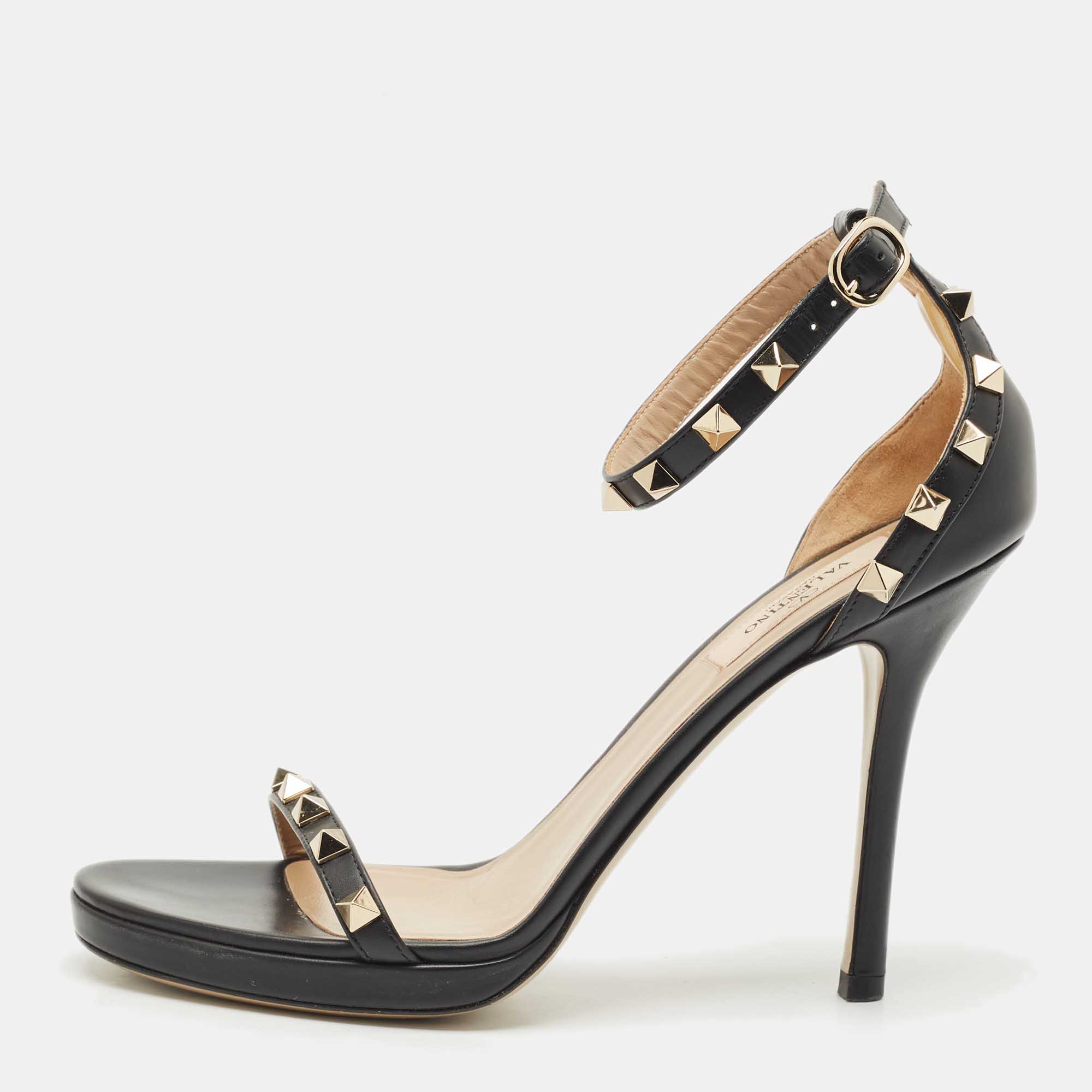 

Valentino Black Leather Rockstud Ankle Strap Sandals Size